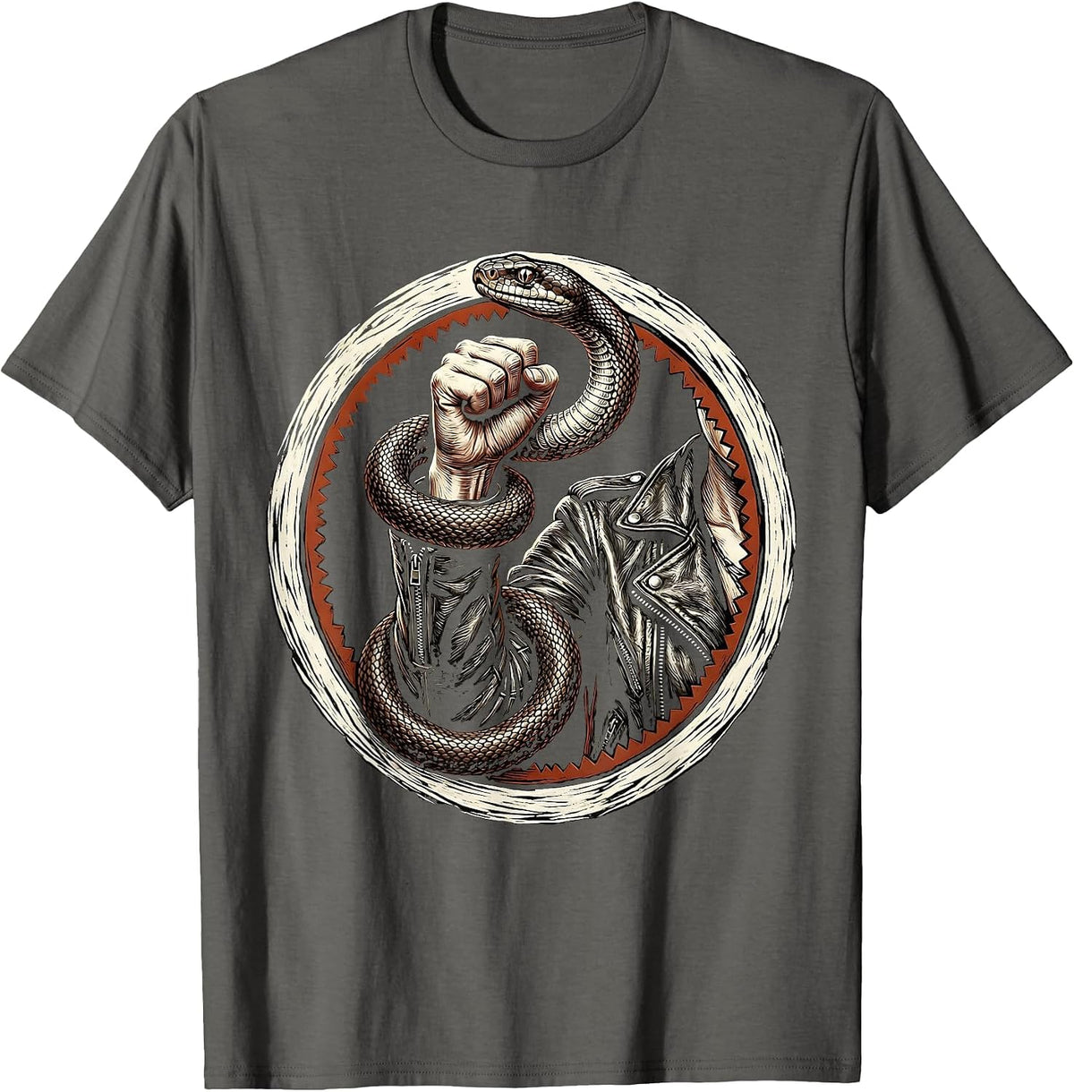 Men's Punk Snake Leather Jacket Graphic Design T-Shirt - Asphalt Grey