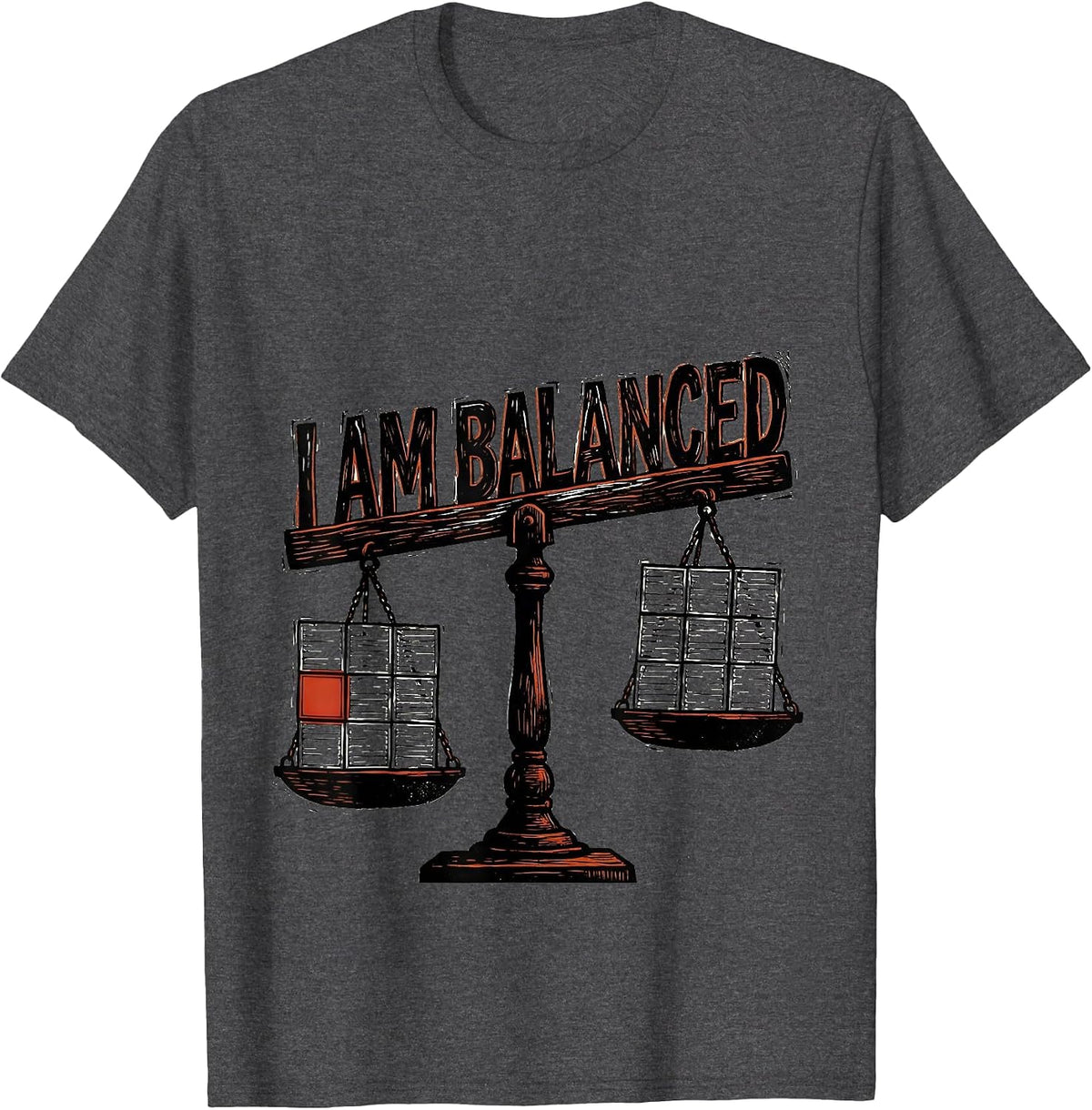 Men's I Am Balanced Funny Chemistry Science Humor Linocut T-Shirt - Dark Heather Grey