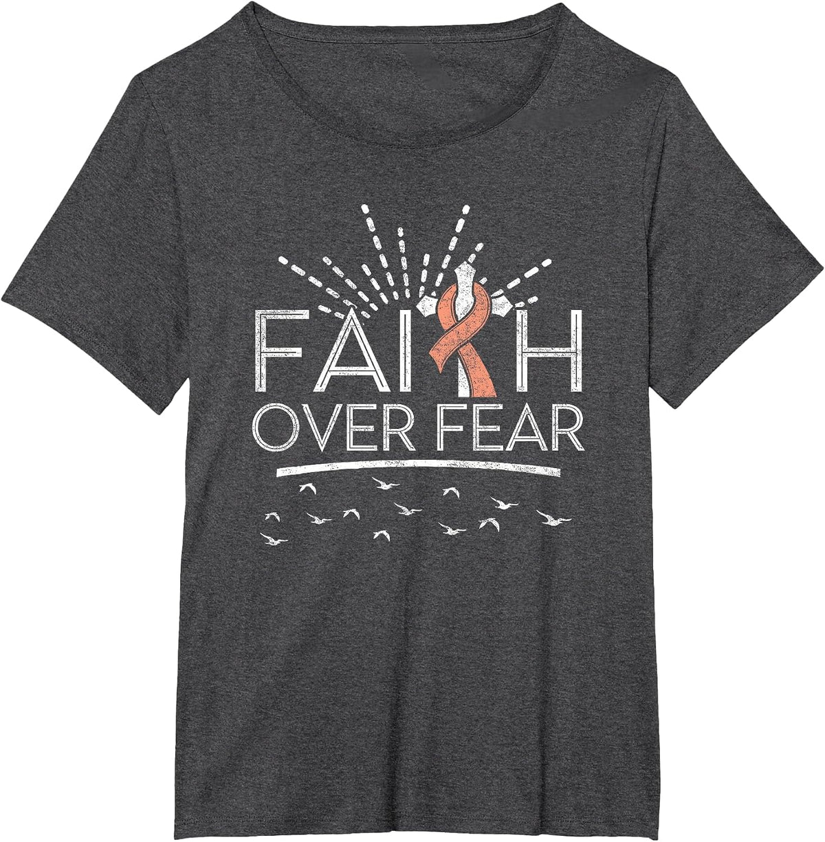 Faith Over Fear Peach Ribbon Uterine Cancer T-Shirt - Dark Heather Grey