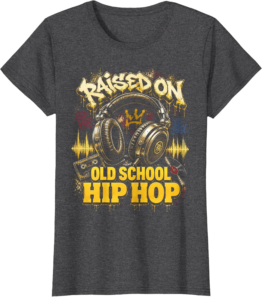 Raised On Old School Hip Hop Cassette Graffiti Rap T-Shirt, Women, Dark Heather Grey, Large - As Pictured