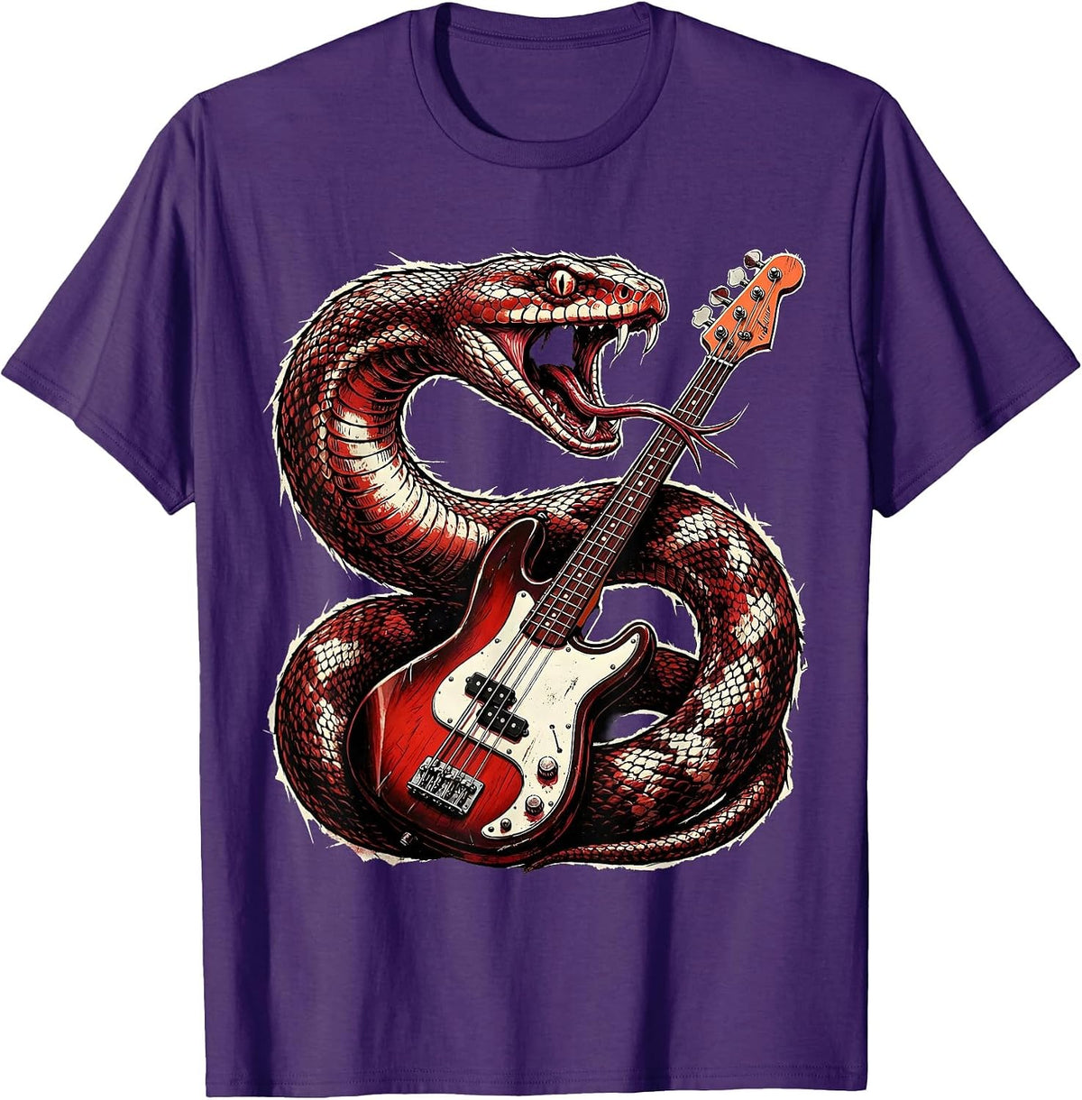 Men's Serpent Coiled Bass Guitar Rock Music Graphic T-Shirt - Purple