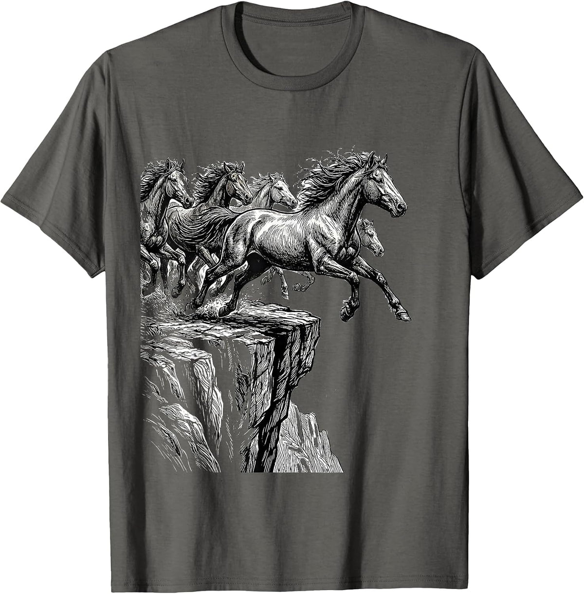 Wild Horses Running Off Cliff Edge Graphic T-Shirt - Asphalt Grey