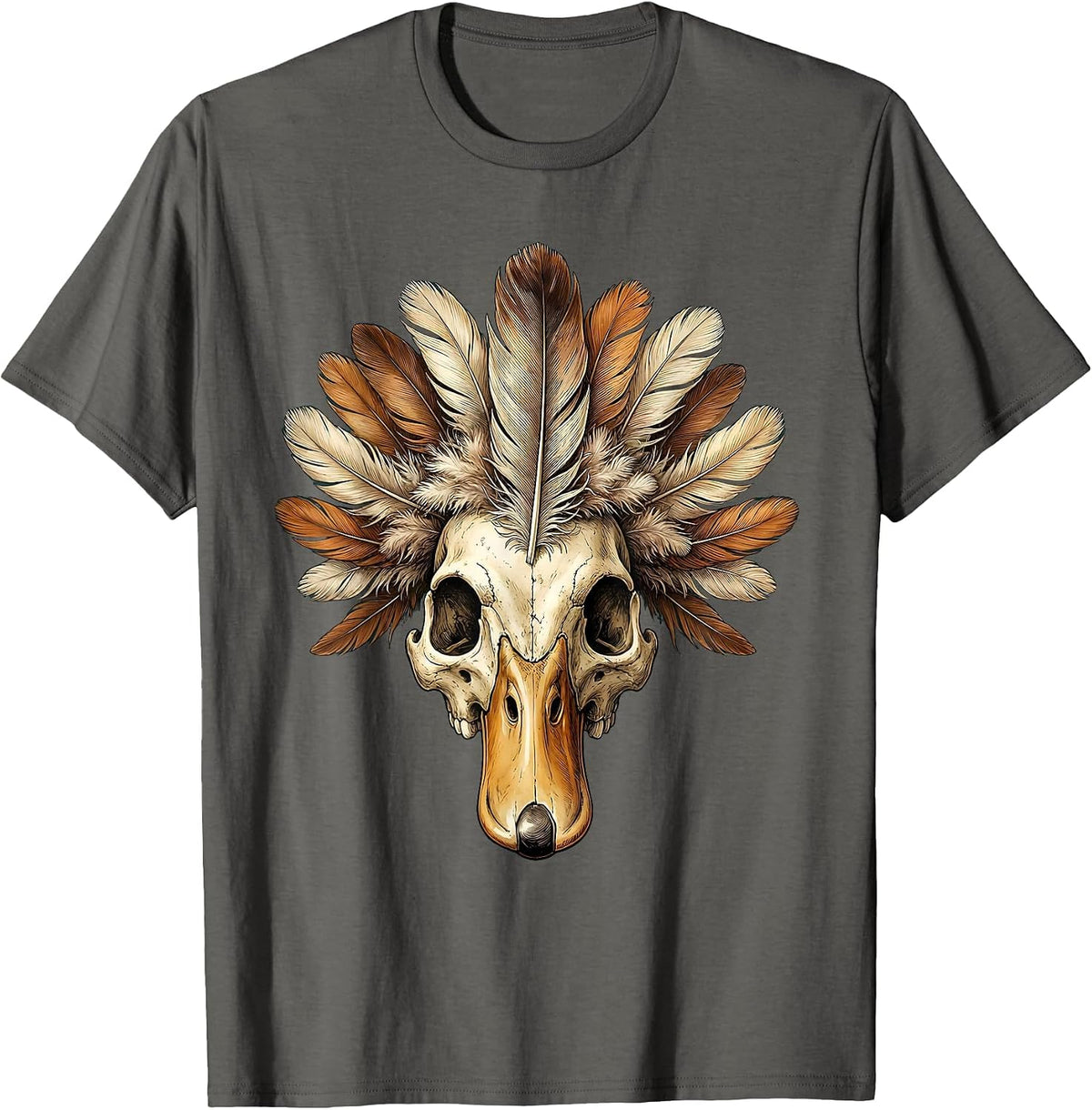 Duck Skull Feather Crown Gothic Nature Art T-Shirt - Asphalt Grey