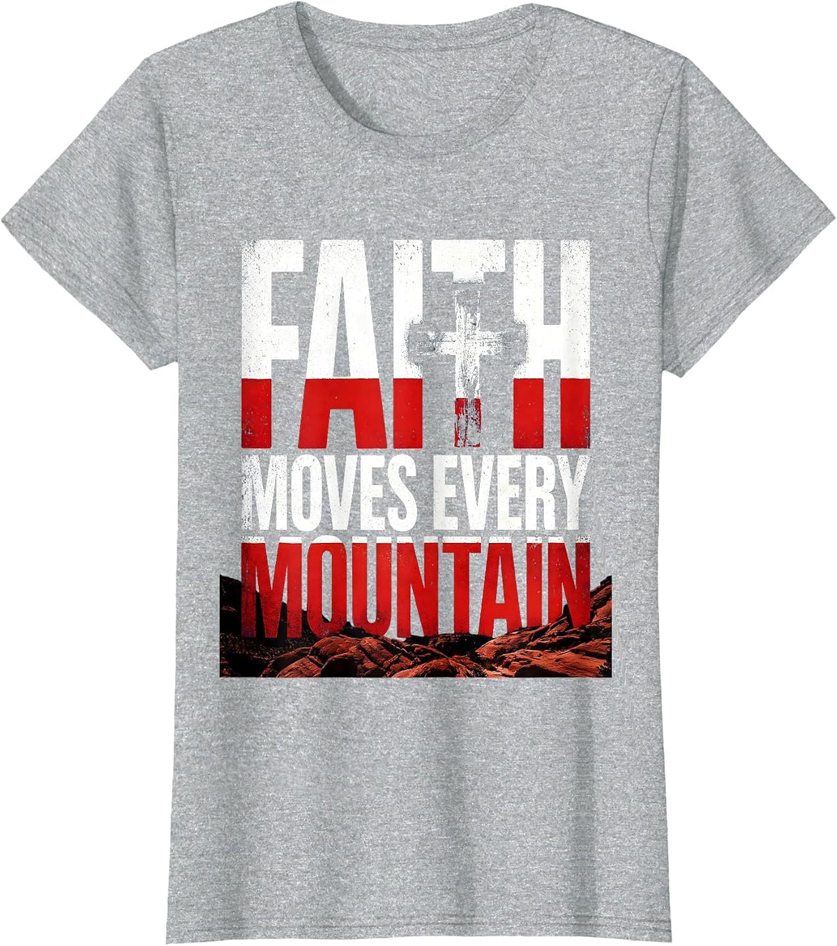 Women's Faith Over Fear Distressed Cross Mountain Design T-Shirt - Heather Grey