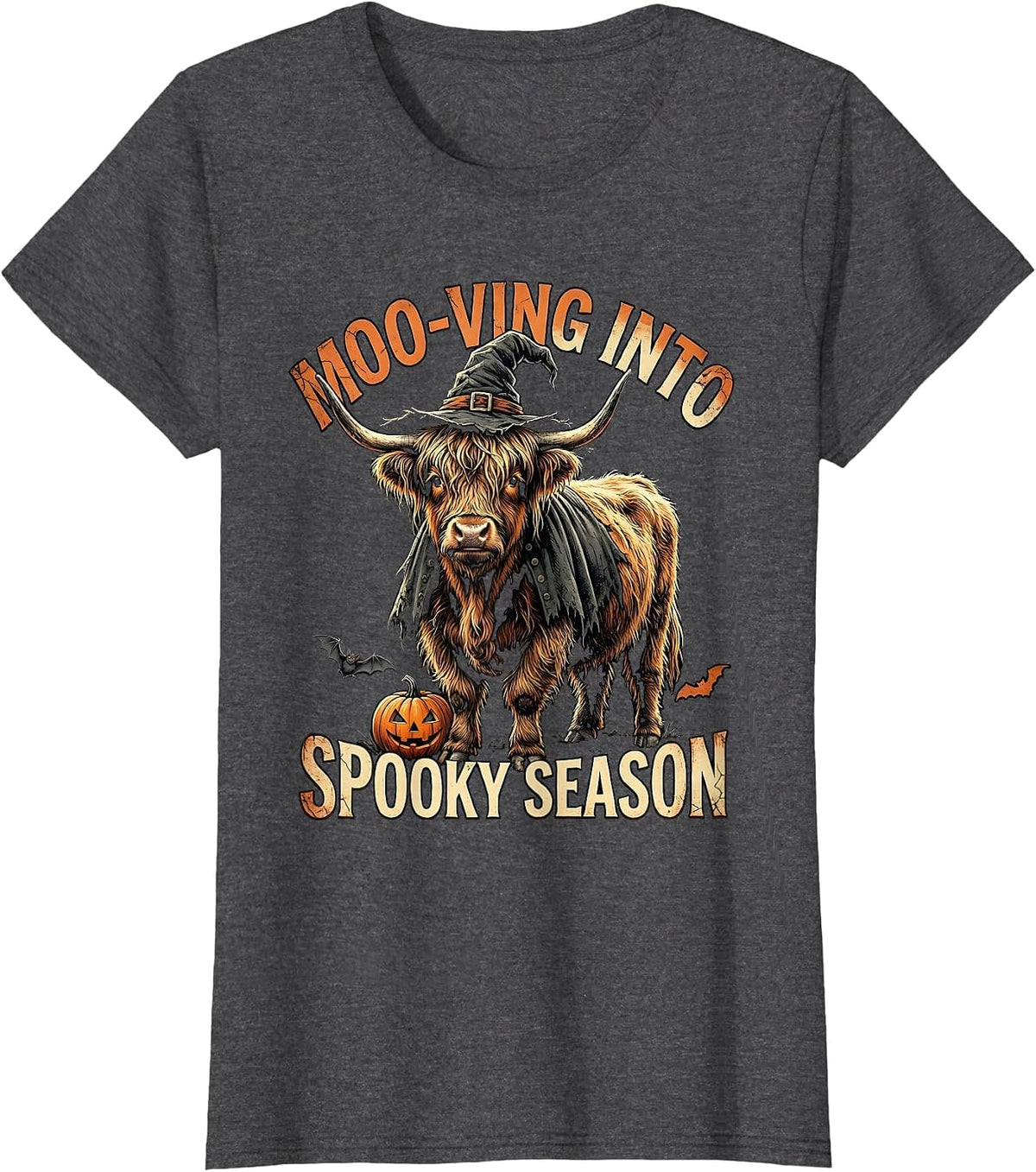 Women's Moo-ving Into Spooky Season Distressed Highland Cow T-Shirt - Dark Heather Grey