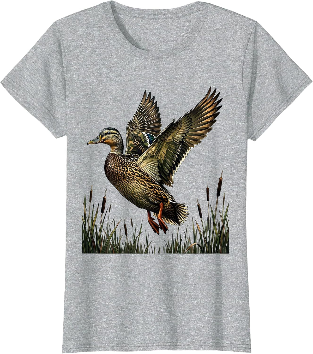 Camo Duck Flying Over Marsh Reeds Illustration T-Shirt - Heather Grey