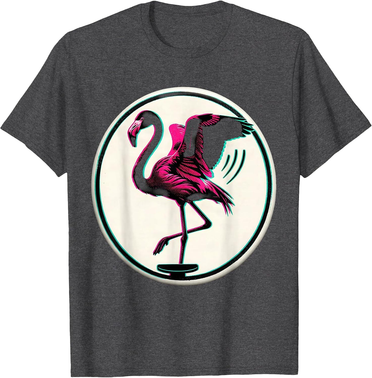 Sealed Flamingo Badge Risograph Novelty Humor T-Shirt - Dark Heather Grey