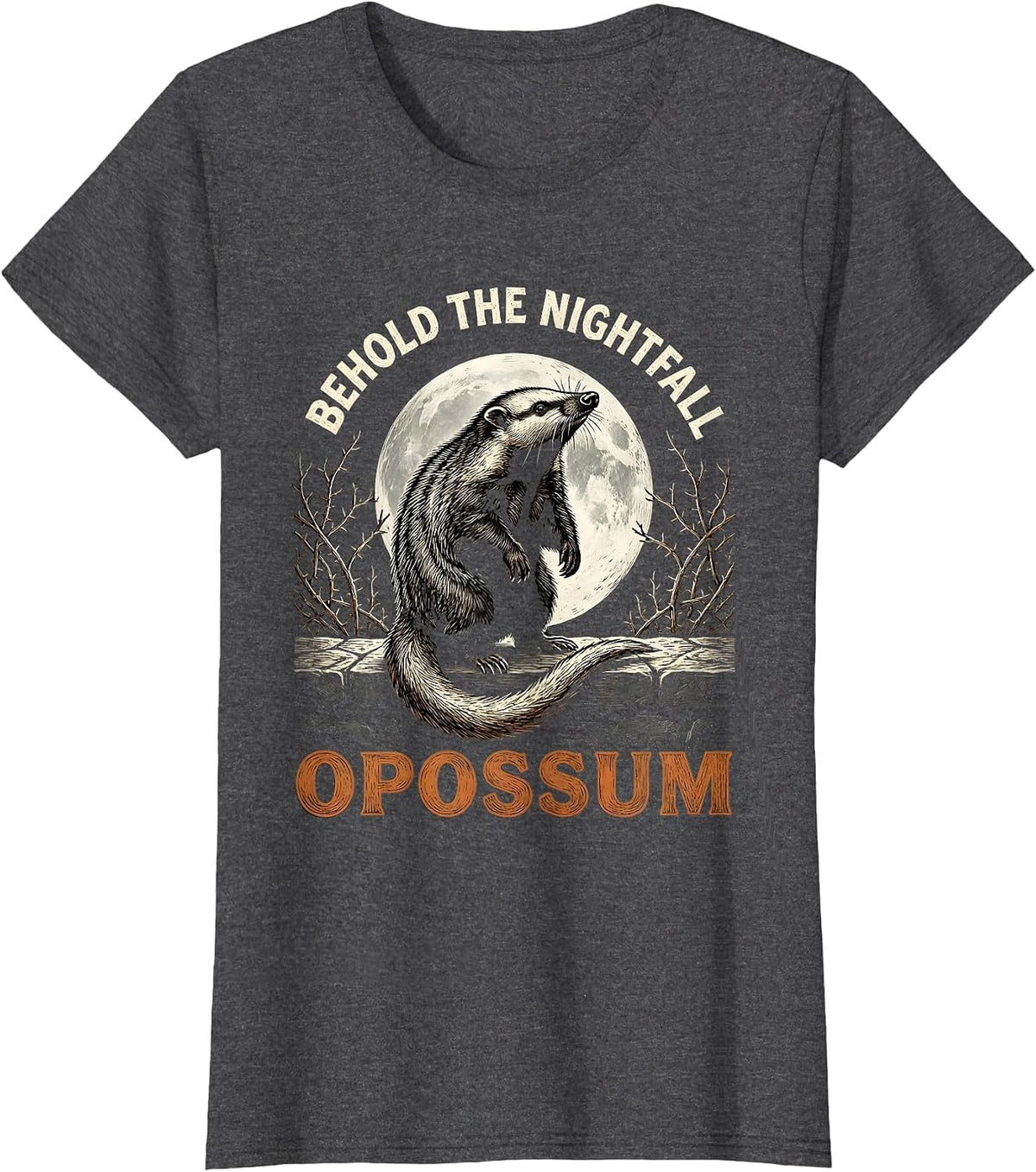 Women's Behold The Nightfall Opossum Vintage Gothic Halloween T-Shirt - Dark Heather Grey