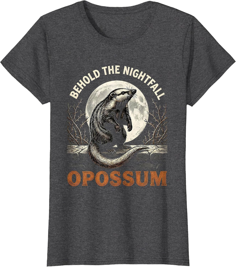 Women's Behold The Nightfall Opossum Vintage Gothic Halloween T-Shirt - Dark Heather Grey