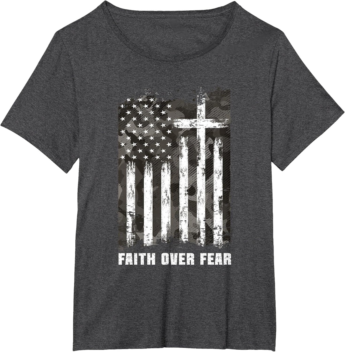 Faith Over Fear Christian Cross Camouflage American Flag T-Shirt - Dark Heather Grey