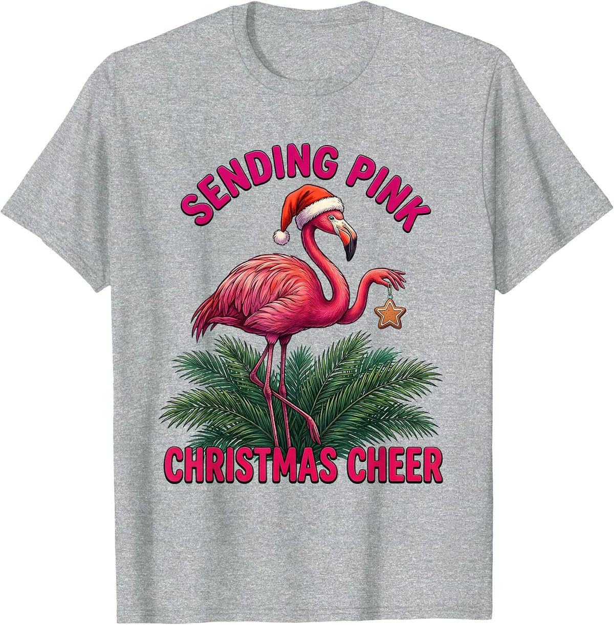 Men's Sending Pink Christmas Cheer Funny Flamingo Santa Hat T-Shirt - Heather Grey