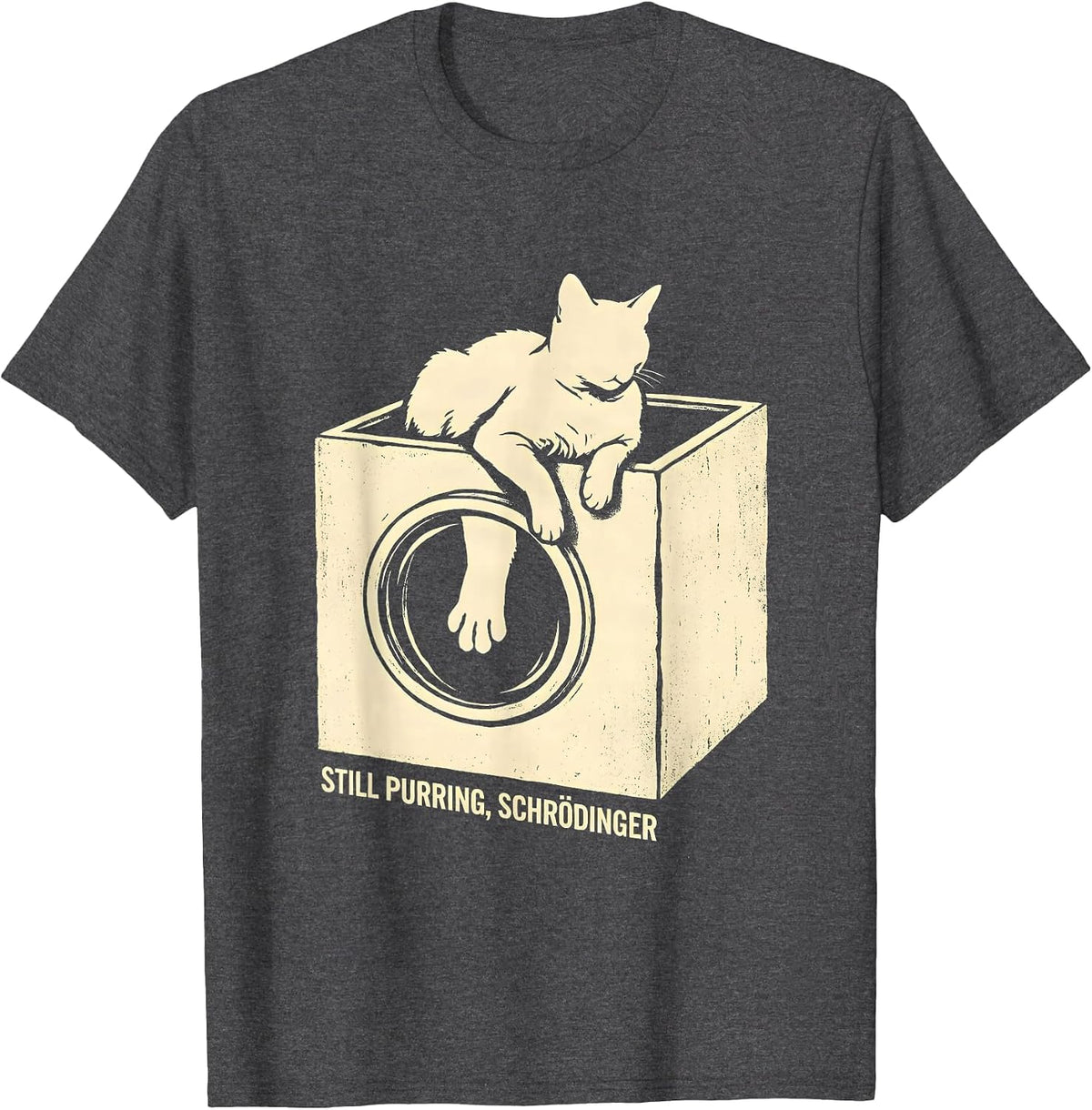 Men's Still Purring Schrödinger Quantum Physics Humor Science T-Shirt - Dark Heather Grey