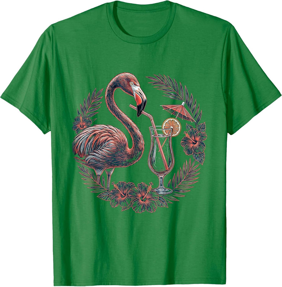 Men's Flamingo Sipping Cocktail Tropical Art T-Shirt - Kelly Green