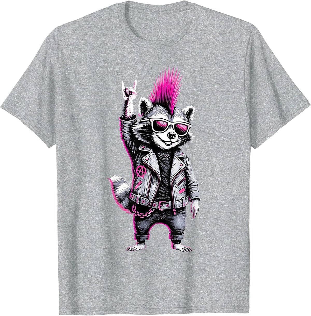 Retro Punk Rock Music Men Women Kids Funny Raccoon T-Shirt - Heather Grey