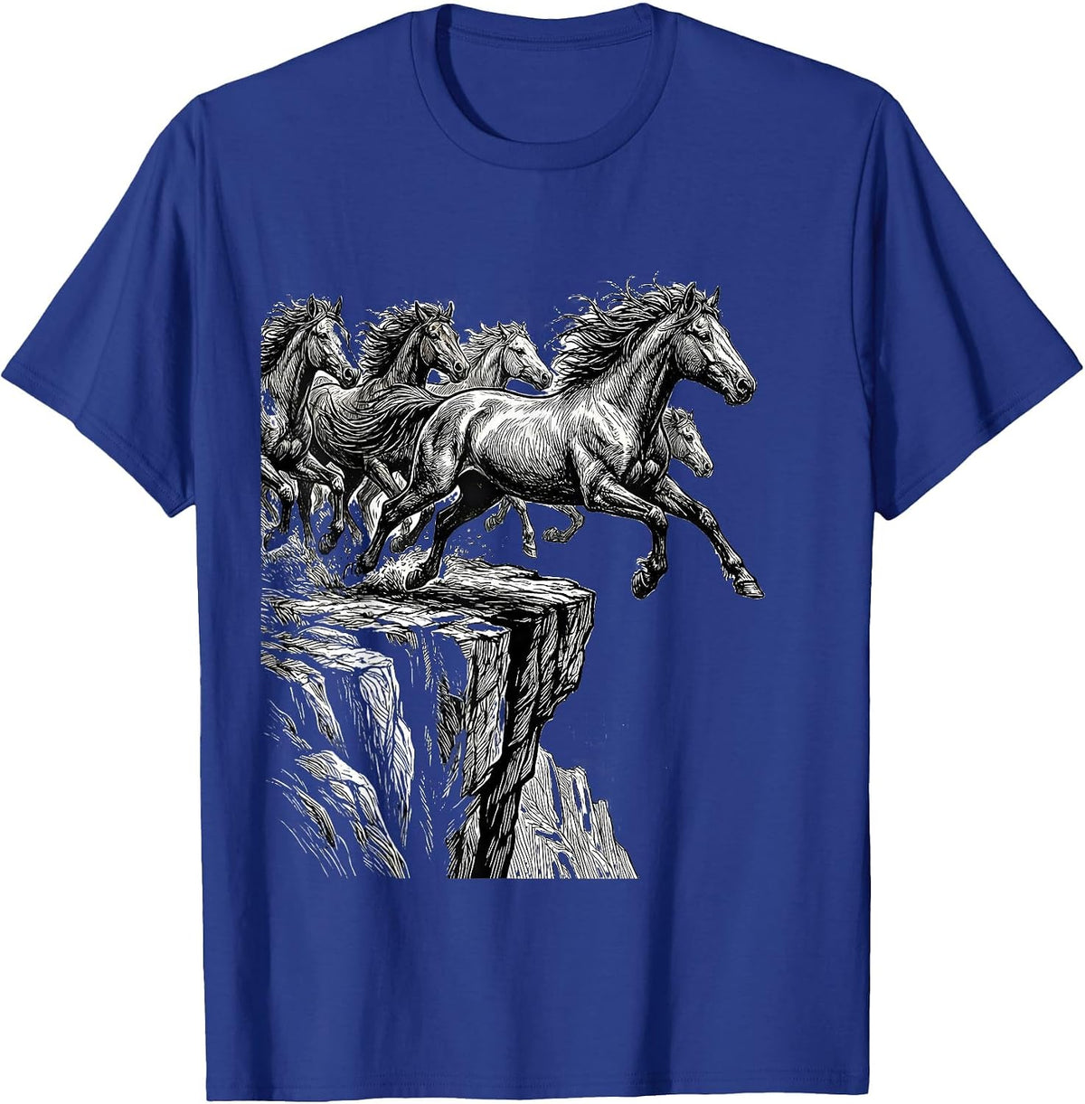 Wild Horses Running Off Cliff Edge Graphic T-Shirt - Royal Blue
