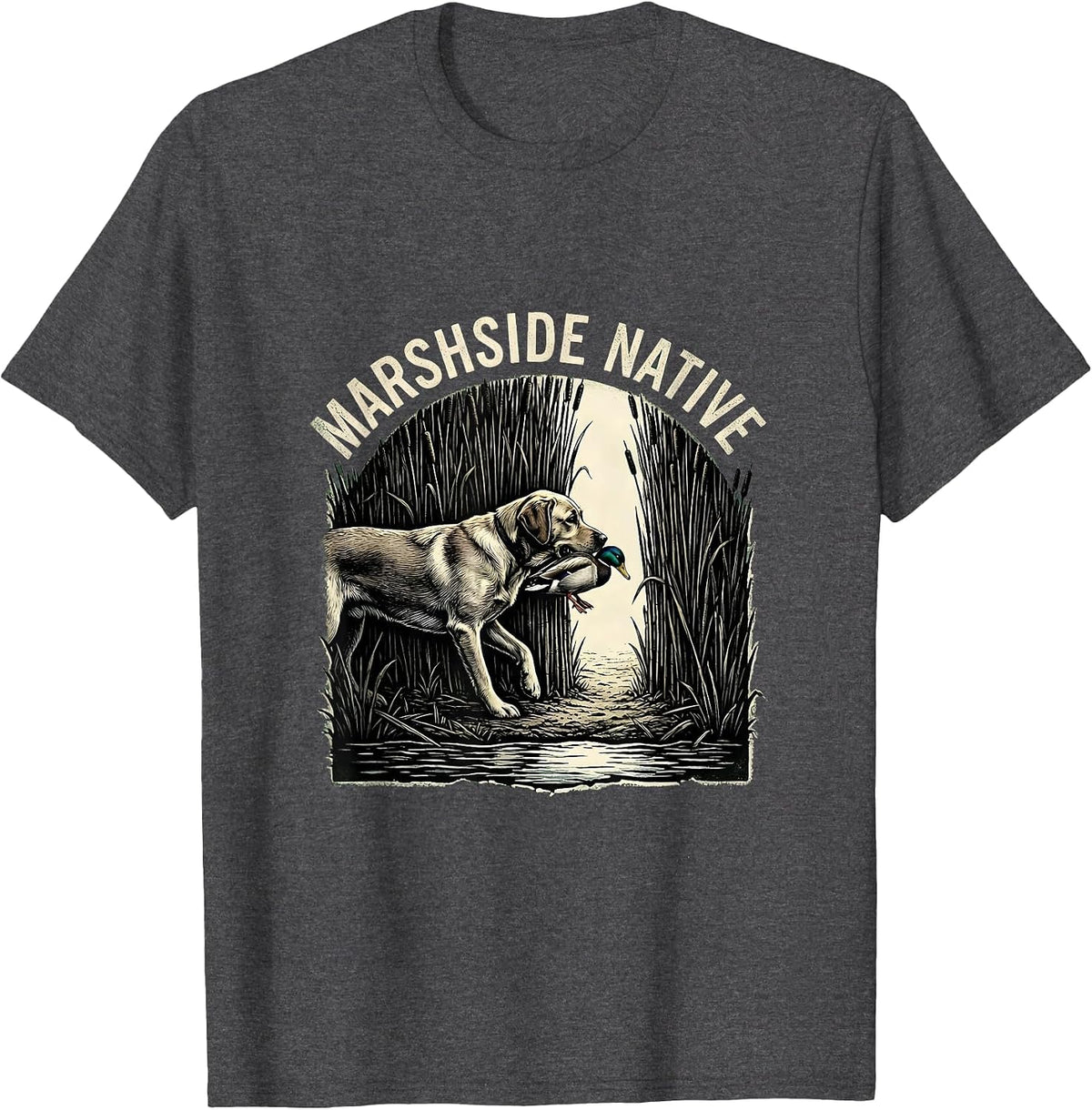 Men's Marshside Native Rubber Stamp Labrador Duck Hunting Southern T-Shirt - Dark Heather Grey