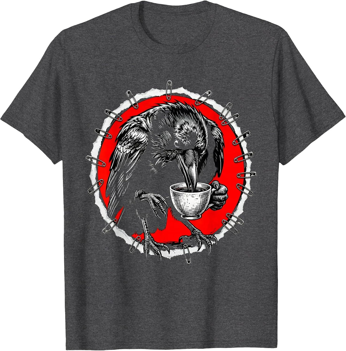 Men's Crow Drinking From a Tiny Teacup Illustration T-Shirt - Dark Heather Grey