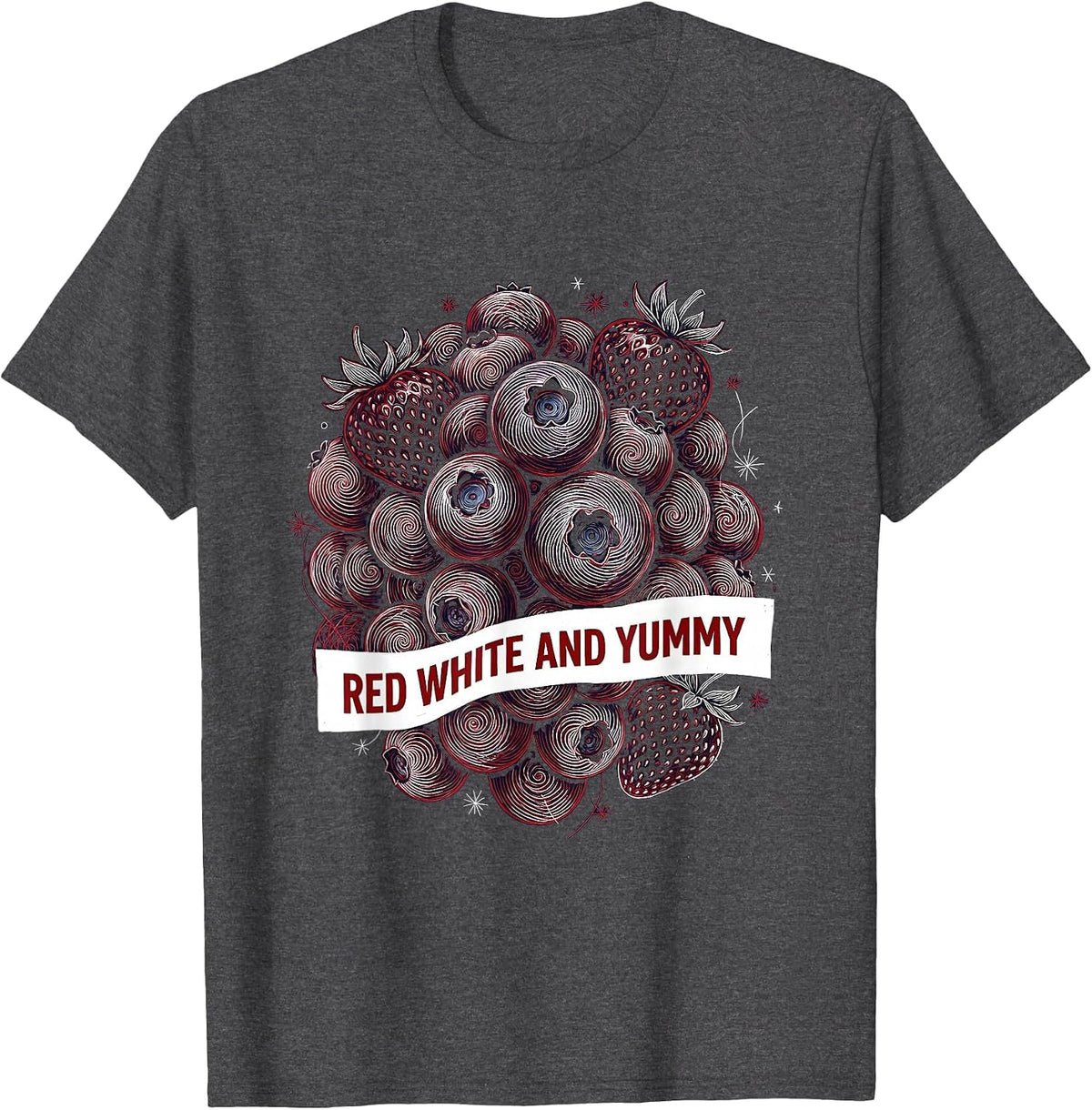 Red White and Blueberries Patriotic Foodie Design T-Shirt - Dark Heather Grey