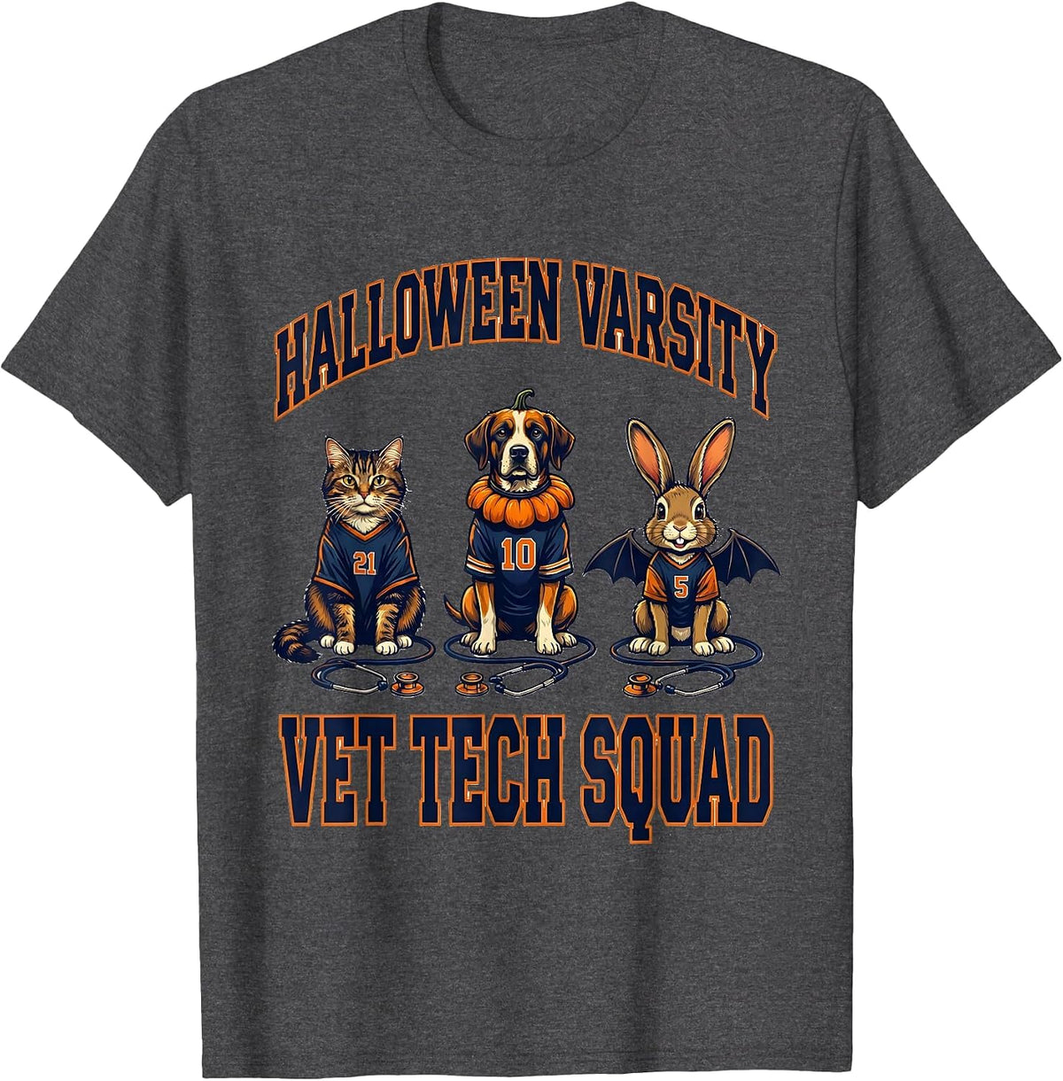 Halloween Varsity Vet Tech Squad Funny Veterinary Clinic T-Shirt - Dark Heather Grey