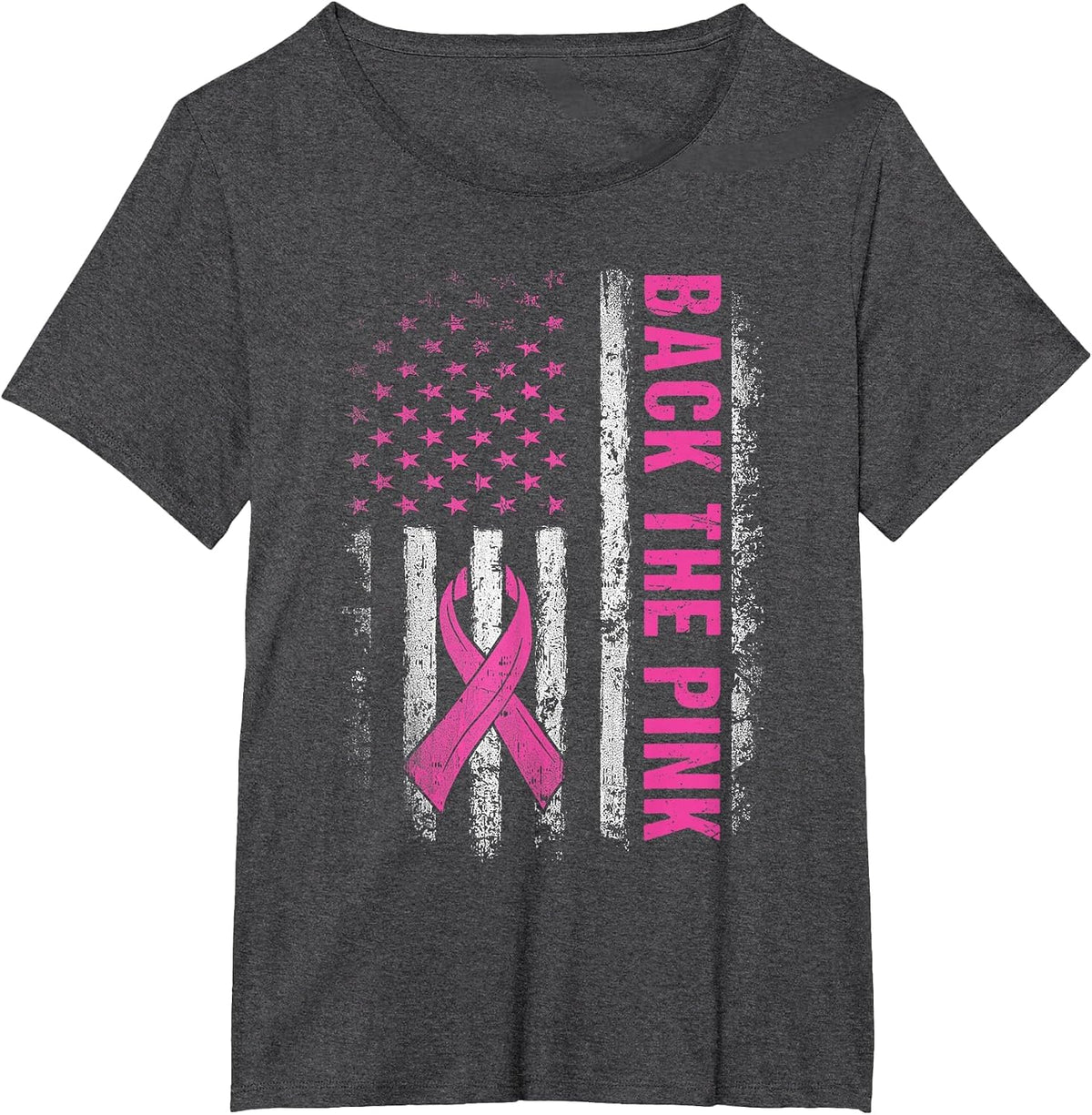 Back The Pink Ribbon American Flag Breast Cancer Awareness T-Shirt - Dark Heather Grey