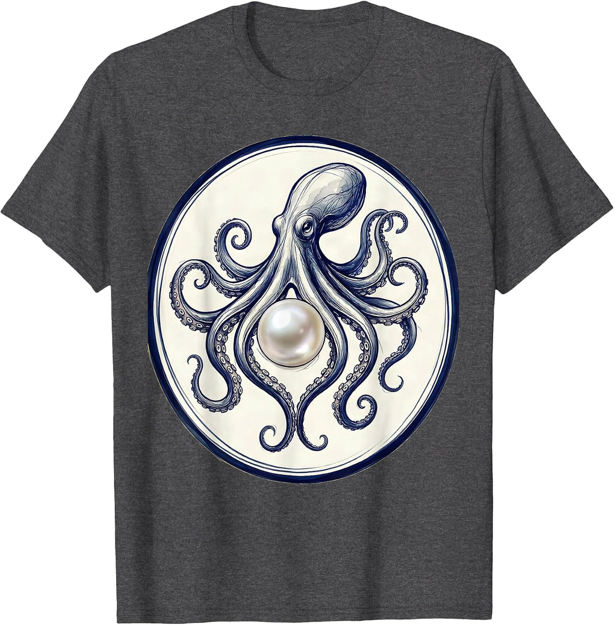 Octopus Cradling a Pearl Lustrous Ocean Art T-Shirt - Dark Heather Grey