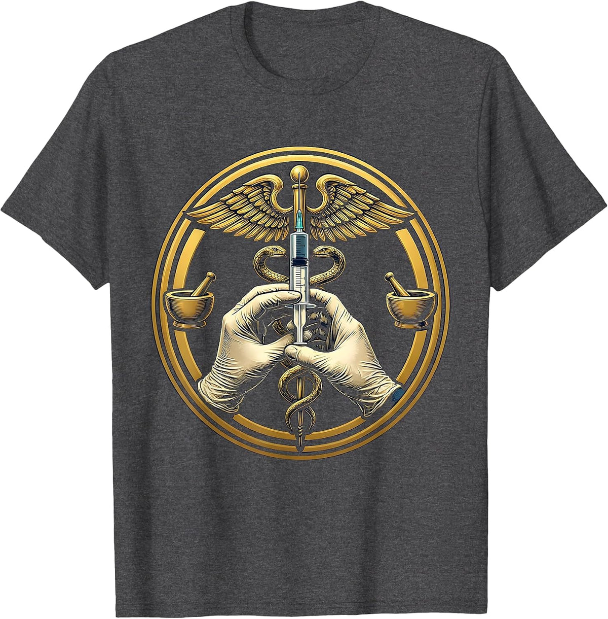 Pharmacy Technician Gloved Hands Syringe Graphic T-Shirt - Dark Heather Grey