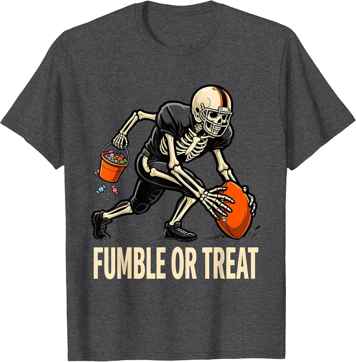 Men's Fumble Or Treat Cartoon Skeleton Football Halloween Costume T-Shirt - Dark Heather Grey