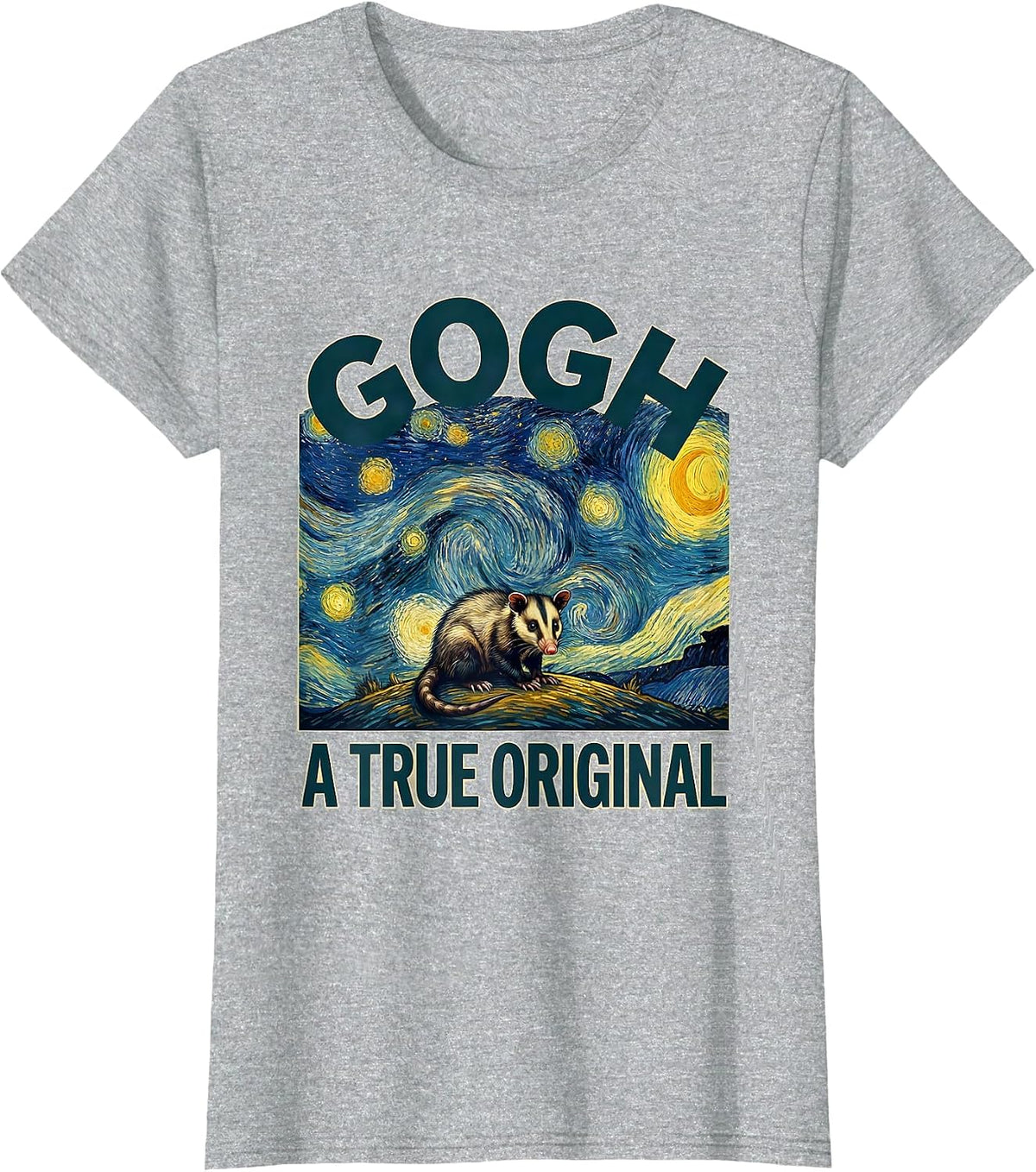 Gogh, A True Original Funny Opossum Van Gogh Starry Night T-Shirt - Heather Grey