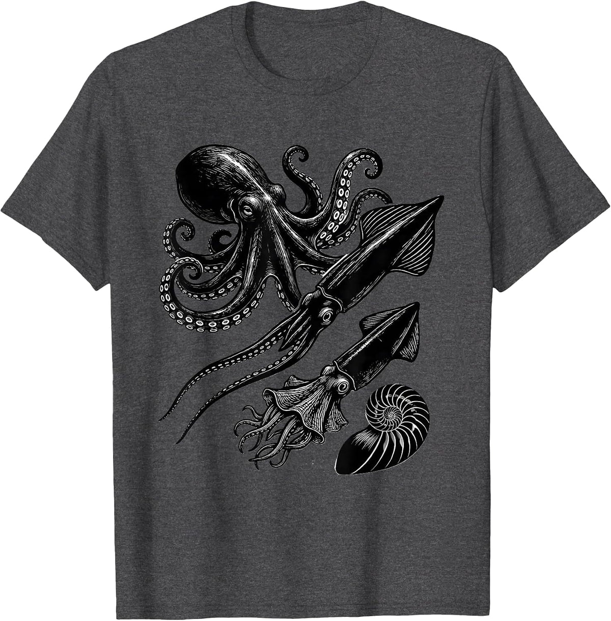 Four Cephalopod Silhouettes Scratchboard Octopus Lover Gift T-Shirt - Dark Heather Grey