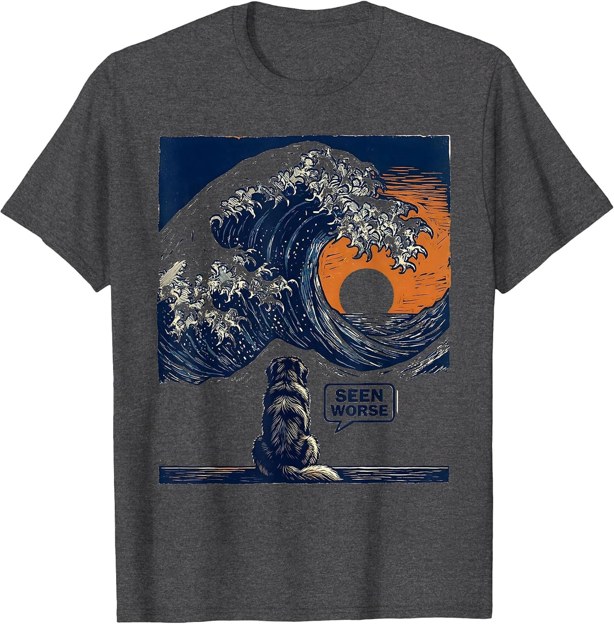 Men's Seen Worse Linocut Great Wave Dog Breed Humor T-Shirt - Dark Heather Grey