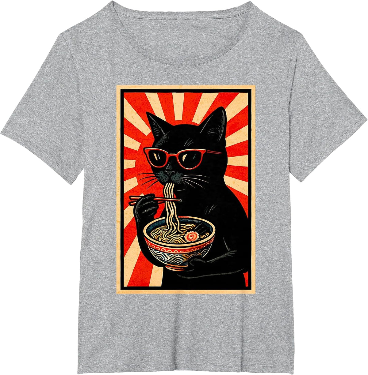 Ramen Cat Japanese Rising Sun Retro Poster Design T-Shirt - Heather Grey