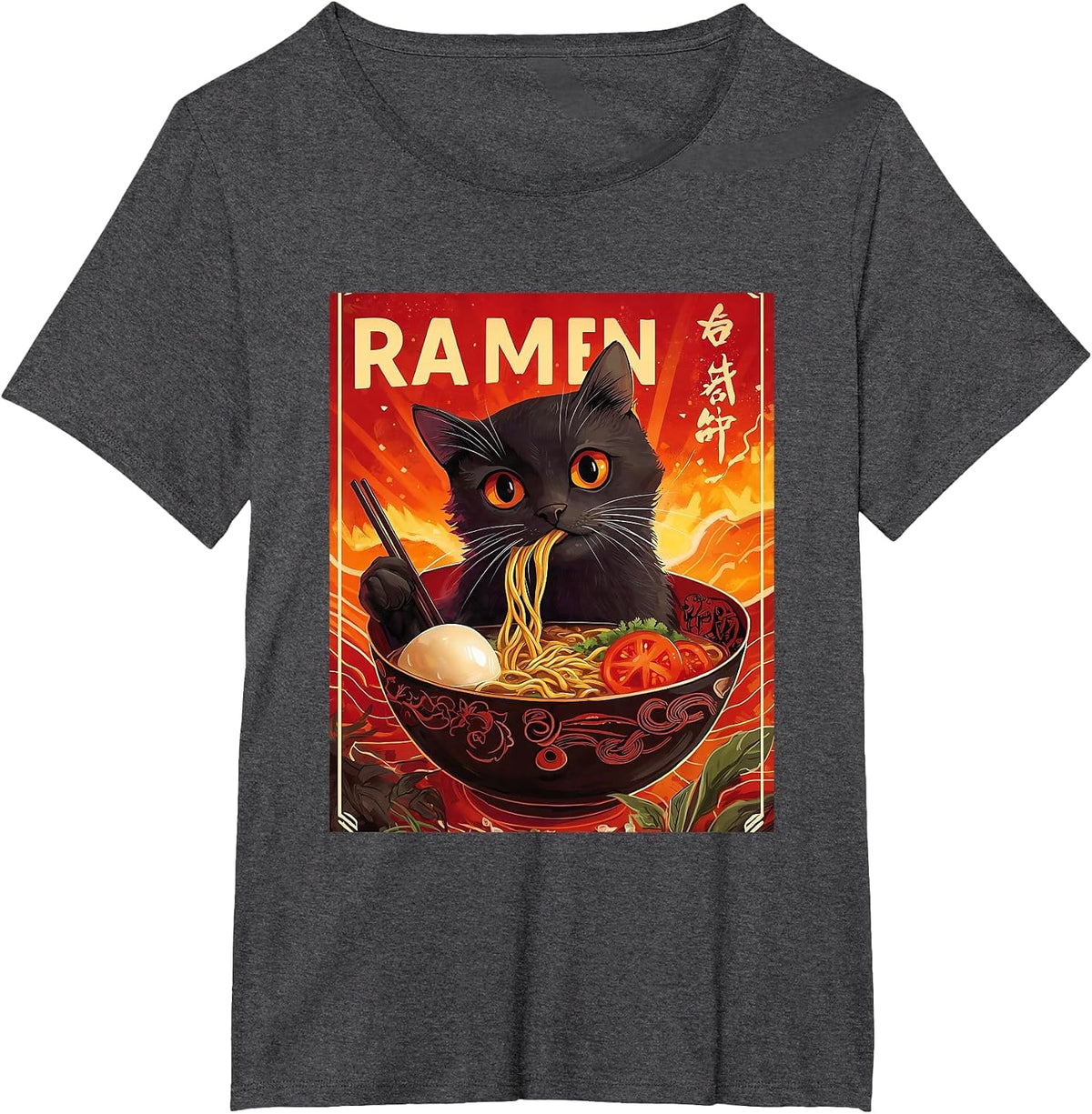 Cat eats Ramen Japan Japanese Anime Kawaii Funny Graphic T-Shirt - Dark Heather Grey