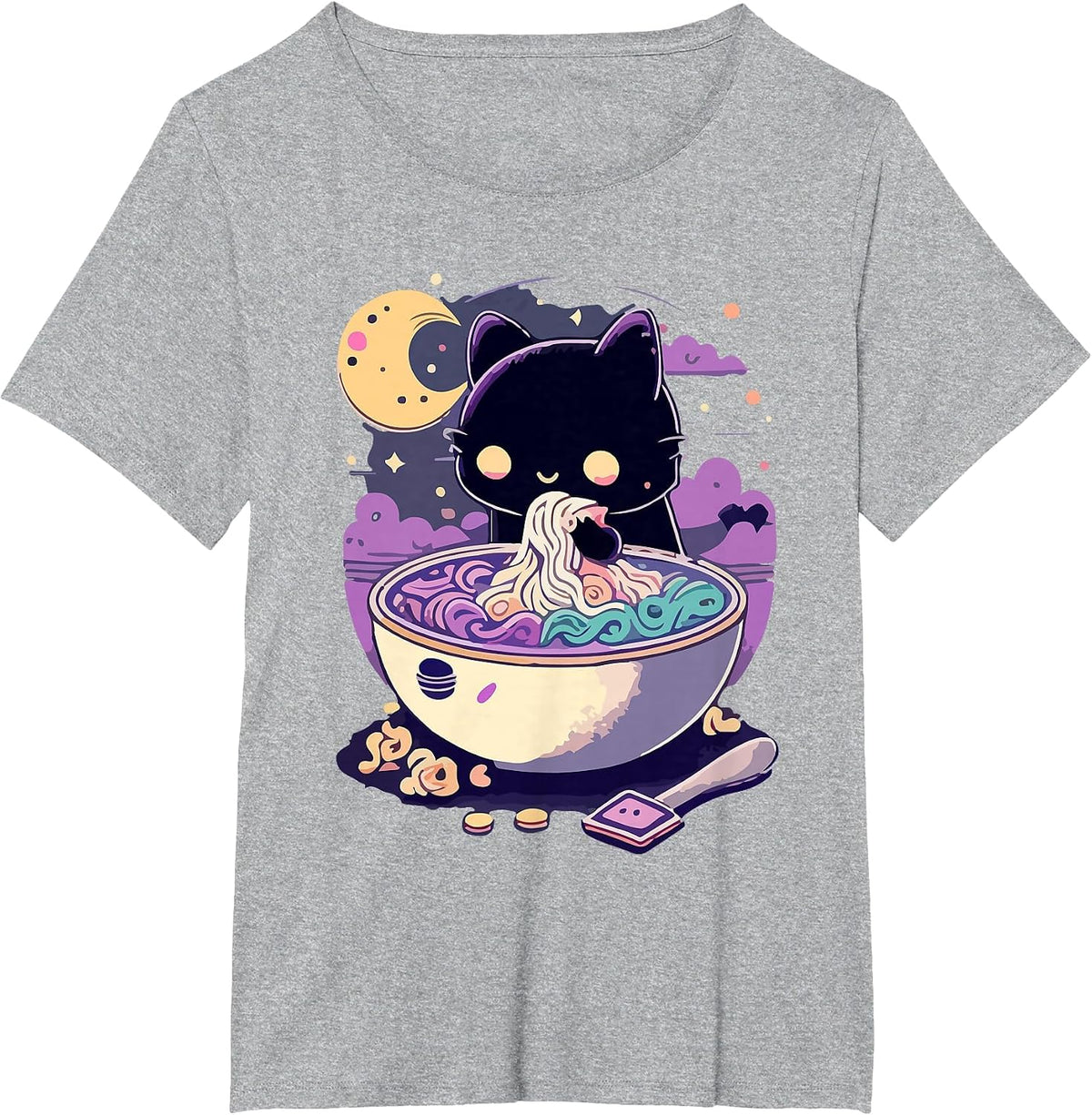 Creepy Kawaii Cat Eating Ramen Noodles Pastel Goth Aesthetic T-Shirt - Heather Grey
