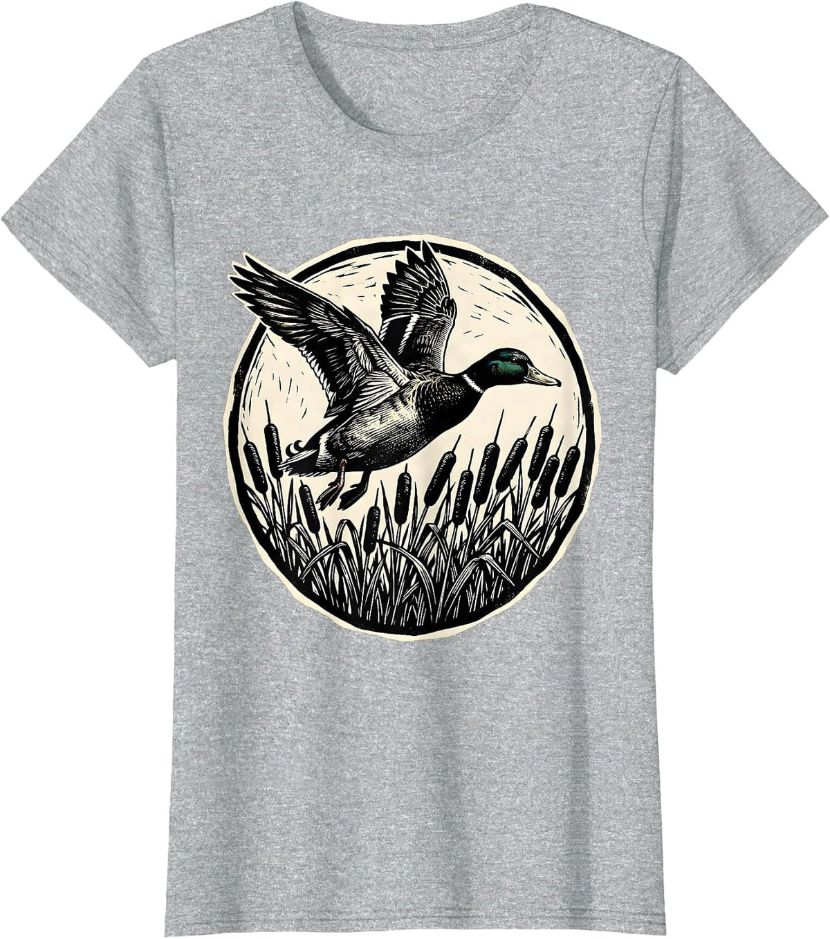 Duck Flying Over Cattail Reeds Nature Illustration T-Shirt - Heather Grey