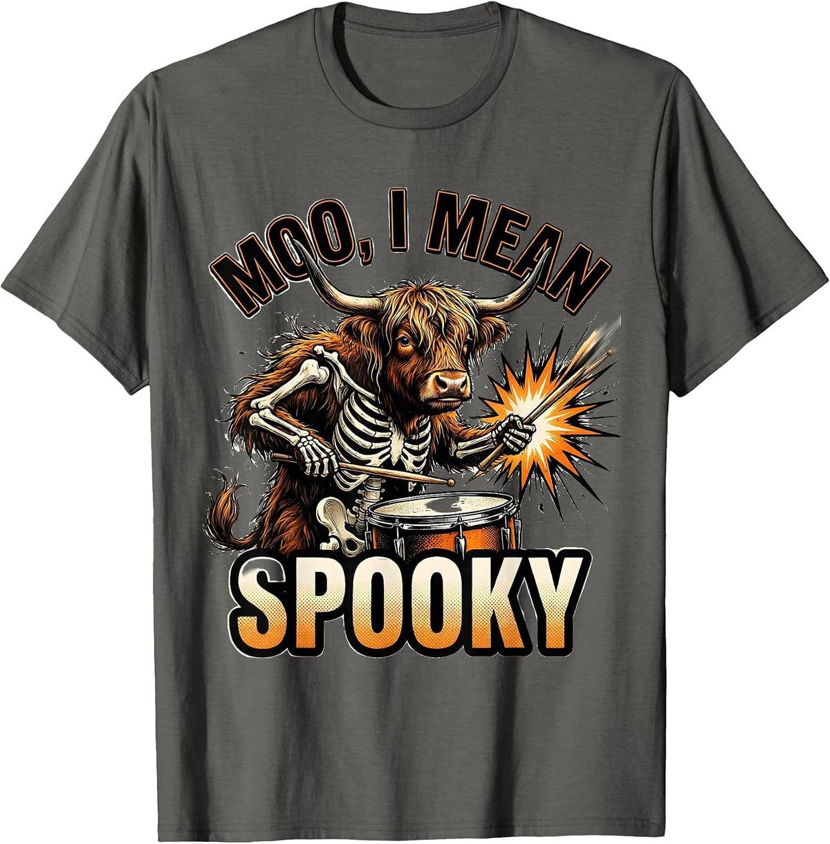 Men's Moo I Mean Spooky Comic Book Highland Cow Halloween Costume T-Shirt - Asphalt Grey