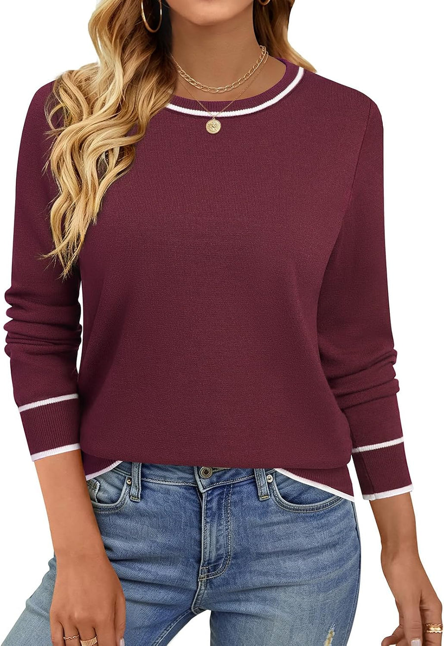 Womens Lightweight Long Sleeve Sweater Pullover Knit Crewneck - Wine Red