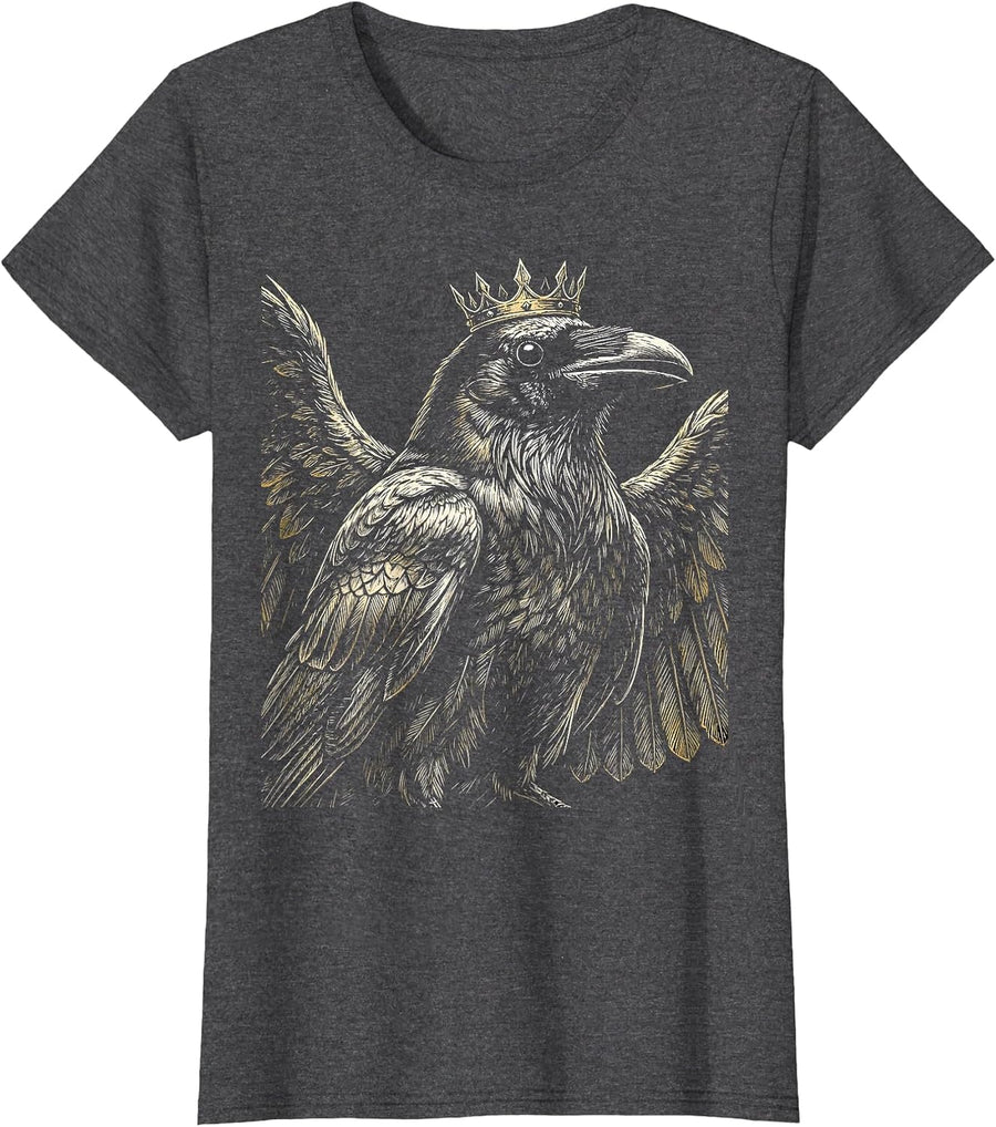 Women's Crow Wearing a Spiked Crown Illustration T-Shirt - Dark Heather Grey
