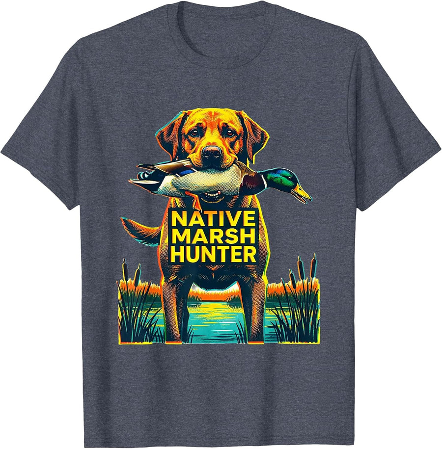 Native Marsh Hunter Risograph Labrador Retriever Duck T-Shirt - Heather Blue
