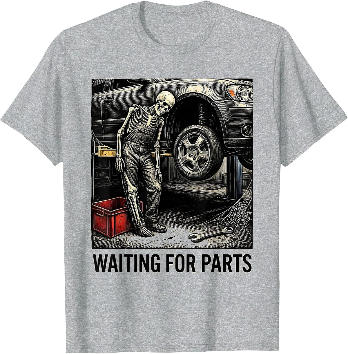 Men's Waiting For Parts Funny Mechanic Skeleton Auto Repair Humor T-Shirt - Heather Grey