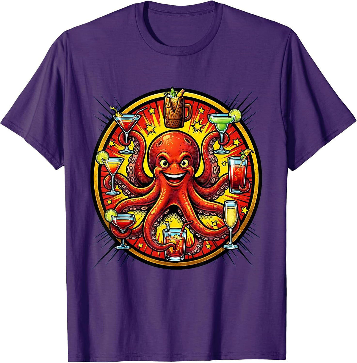 Men's Cocktail Octopus Funny Drinking Party Design T-Shirt - Purple