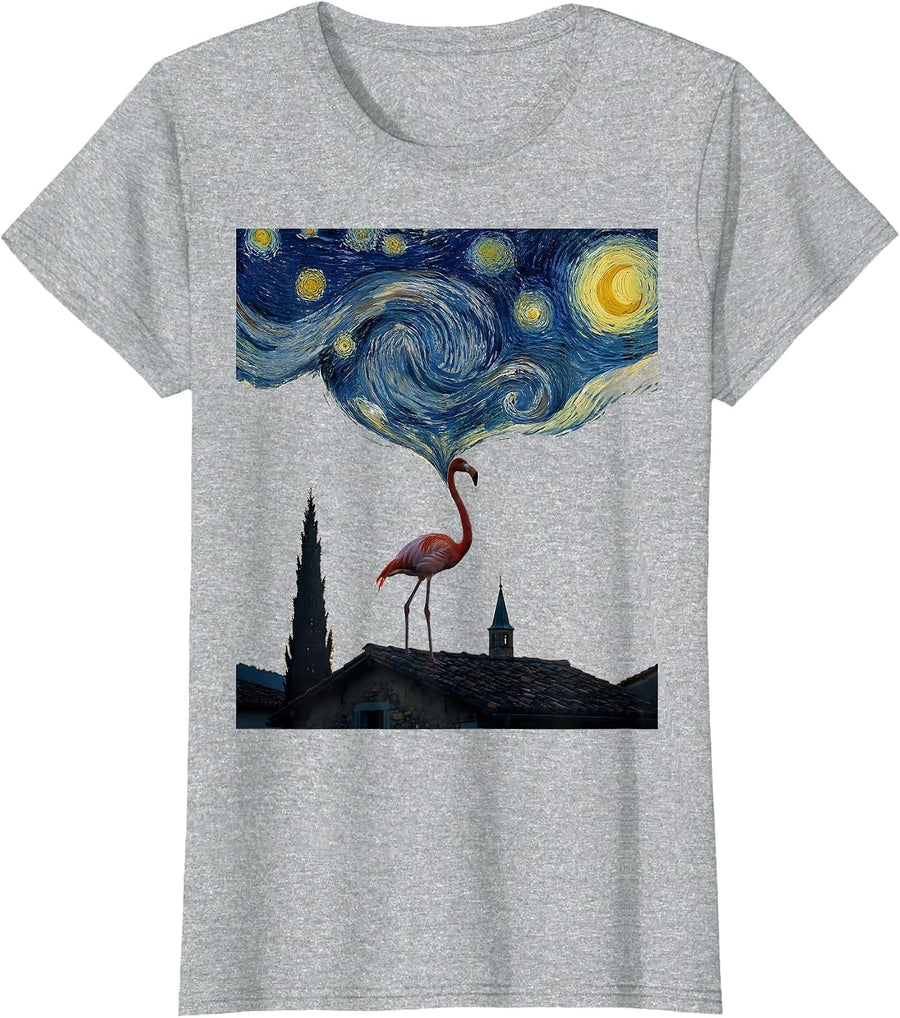 Flamingo Starry Night Minimalist Cat Lover Art Parody T-Shirt - Heather Grey