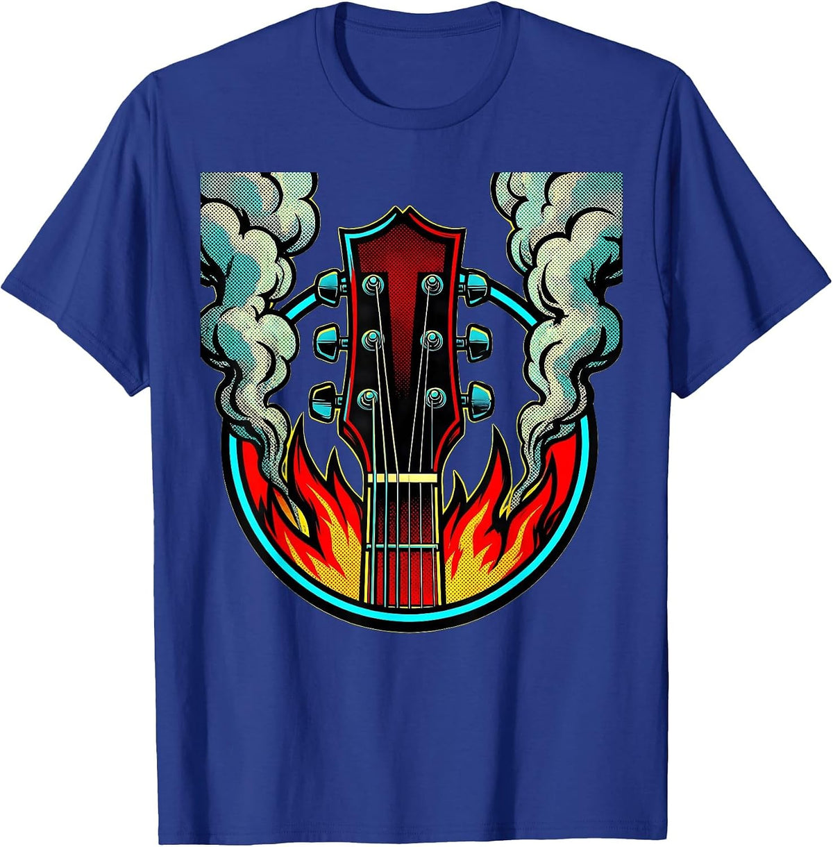 Guitar Headstock Flames Rock Music Graphic T-Shirt - Royal Blue
