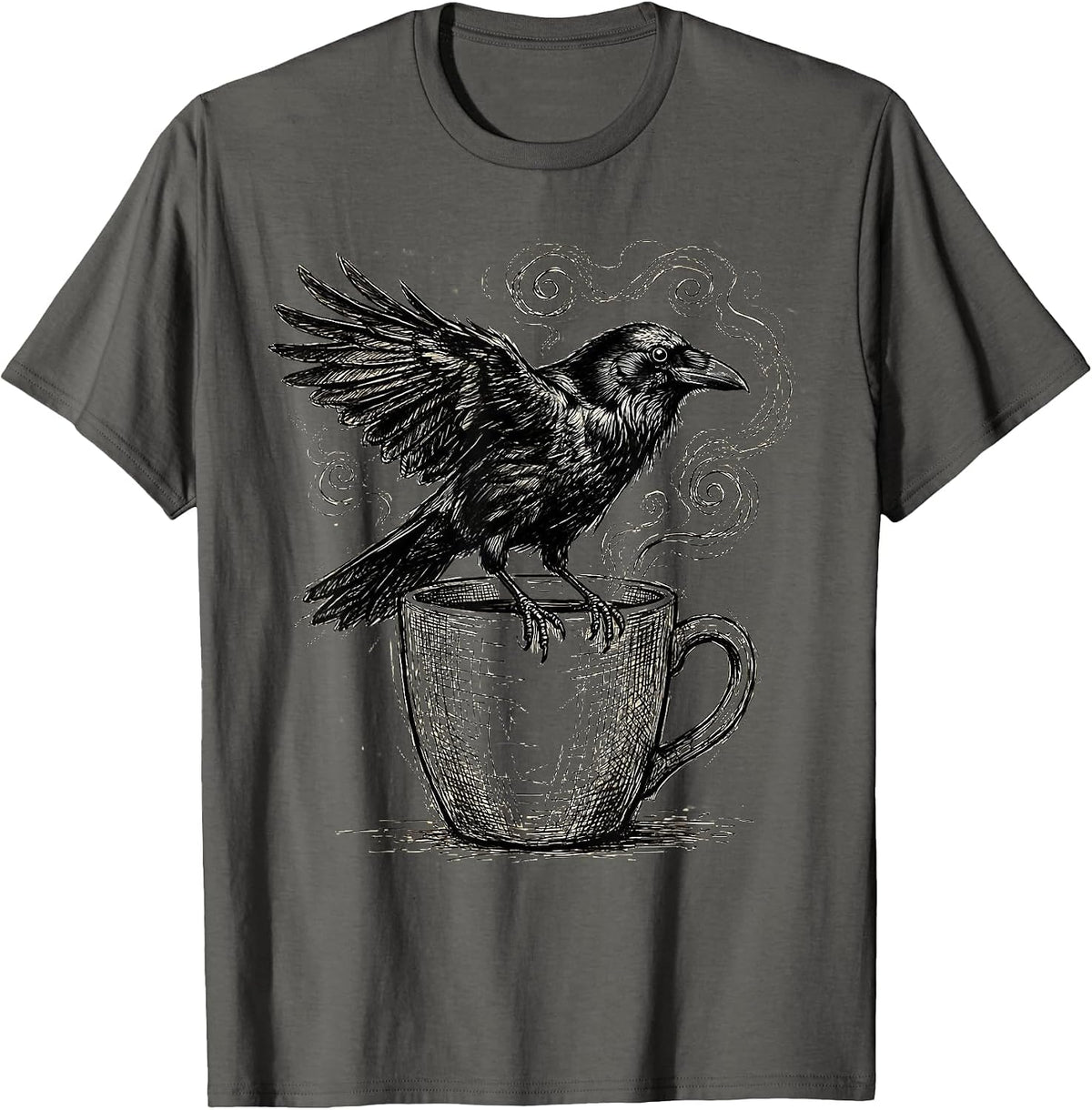 Crow Perched on Steaming Coffee Mug Illustration T-Shirt - Asphalt Grey