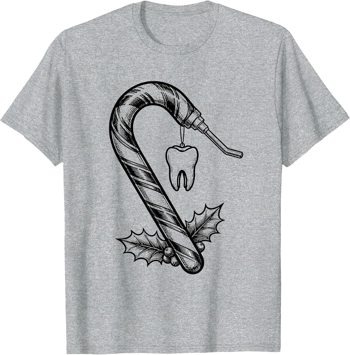 Men's Dental Candy Cane Line Art Dentist Christmas Humor T-Shirt - Heather Grey