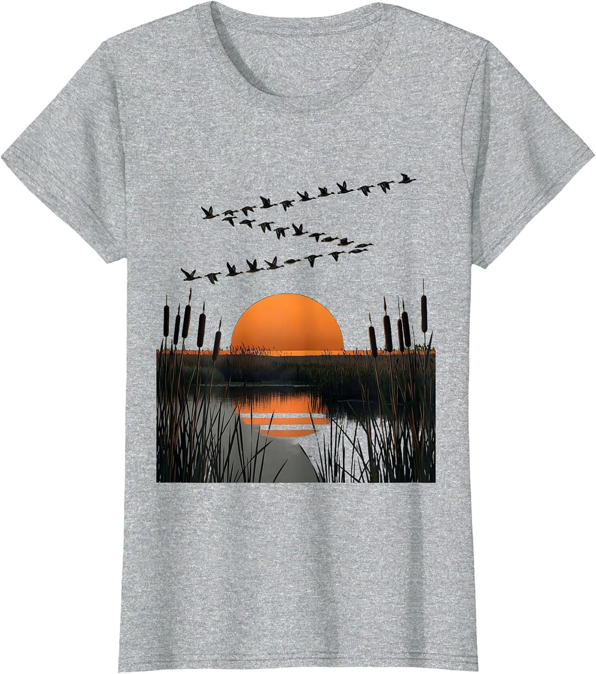 Women's Camo Waterfowl V-Formation Marsh Flying Duck T-Shirt - Heather Grey