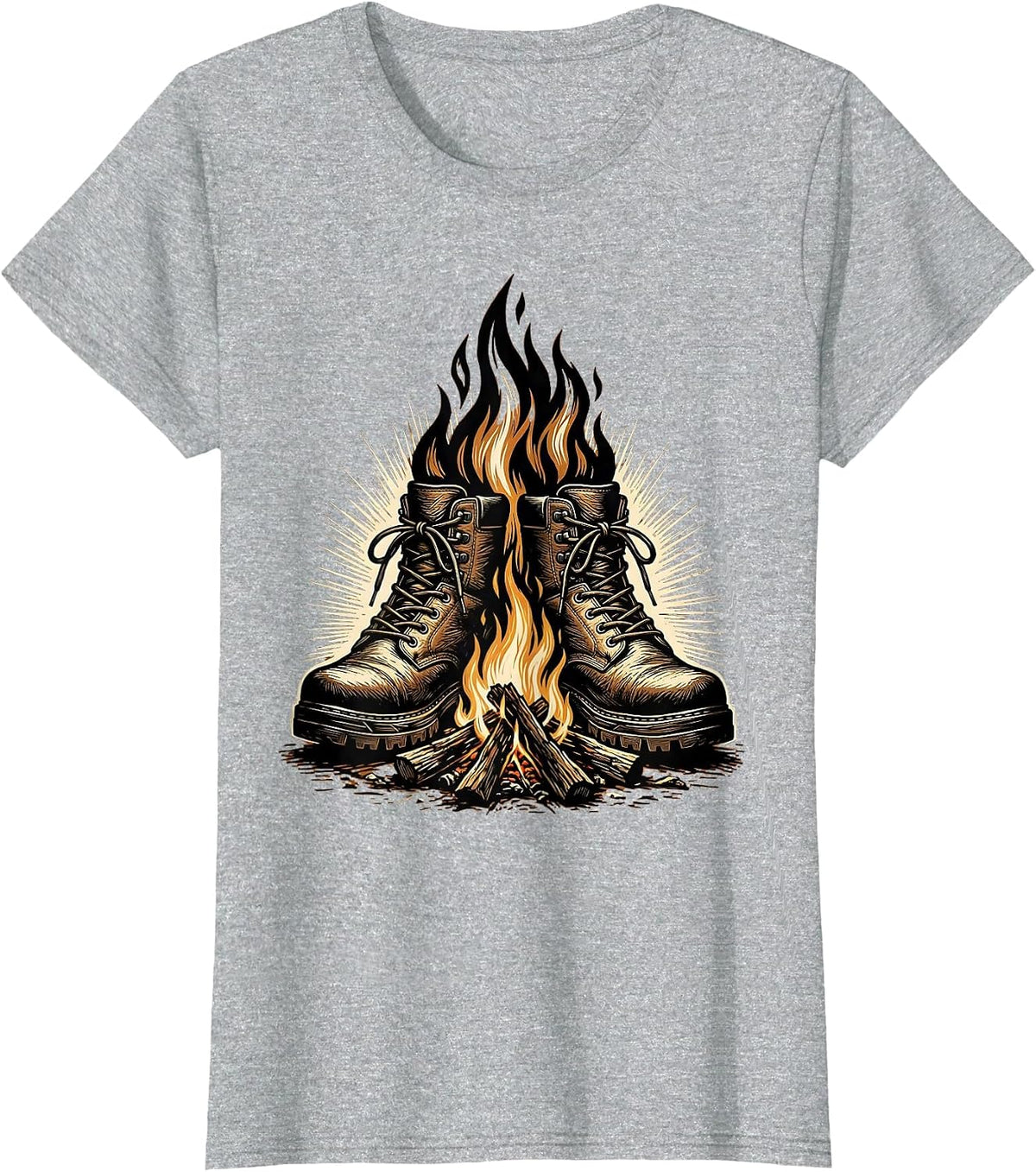 Hunting Boots Campfire Graphic Outdoors Design T-Shirt - Heather Grey