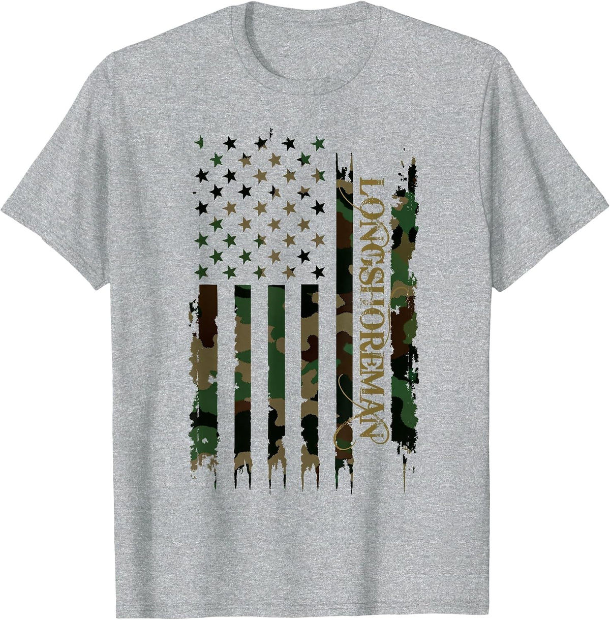 Longshoreman United States Distressed Camo w US Flag T-Shirt - Heather Grey