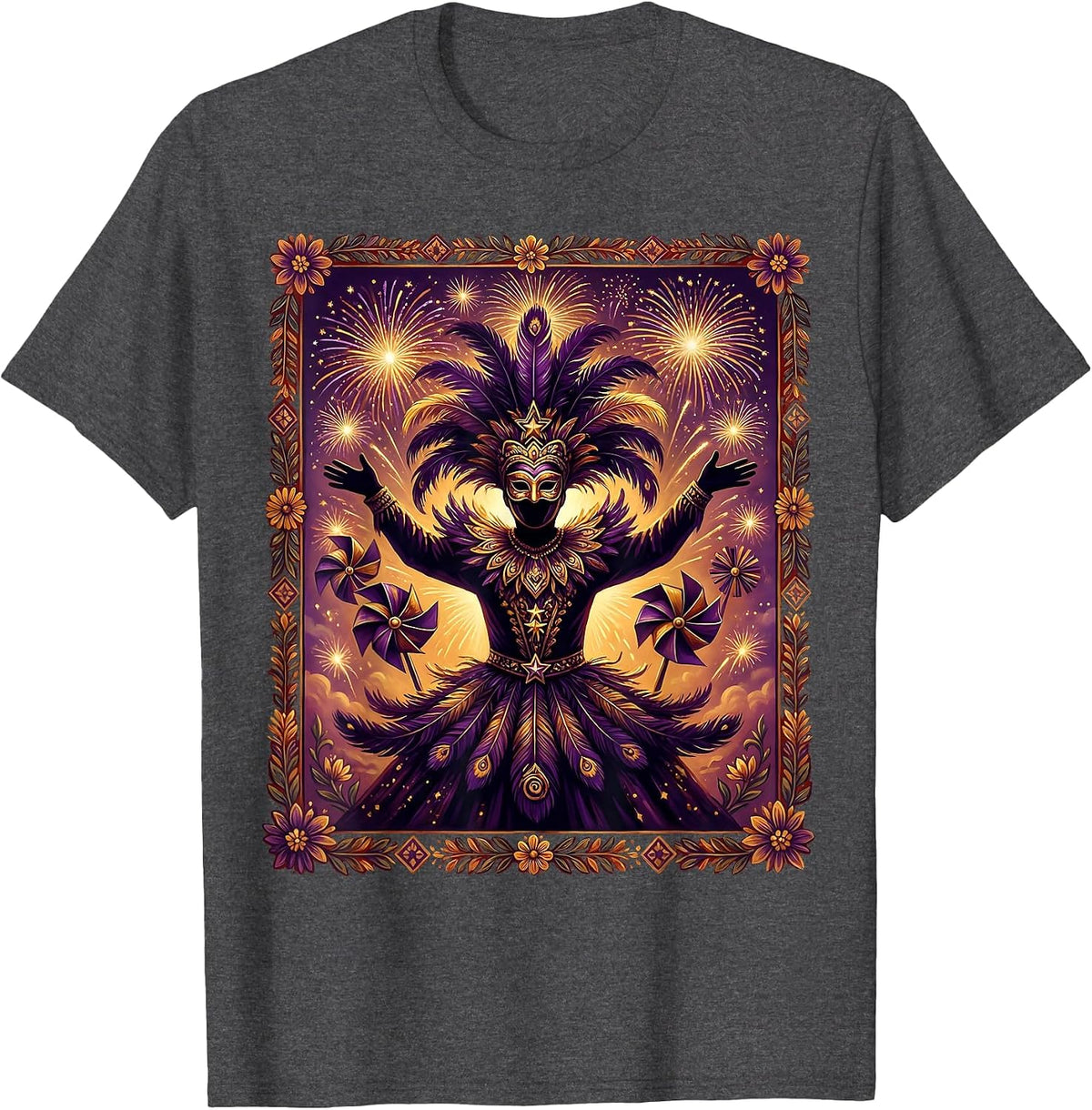 Mardi Gras Masked Reveler Fireworks Silhouette T-Shirt - Dark Heather Grey