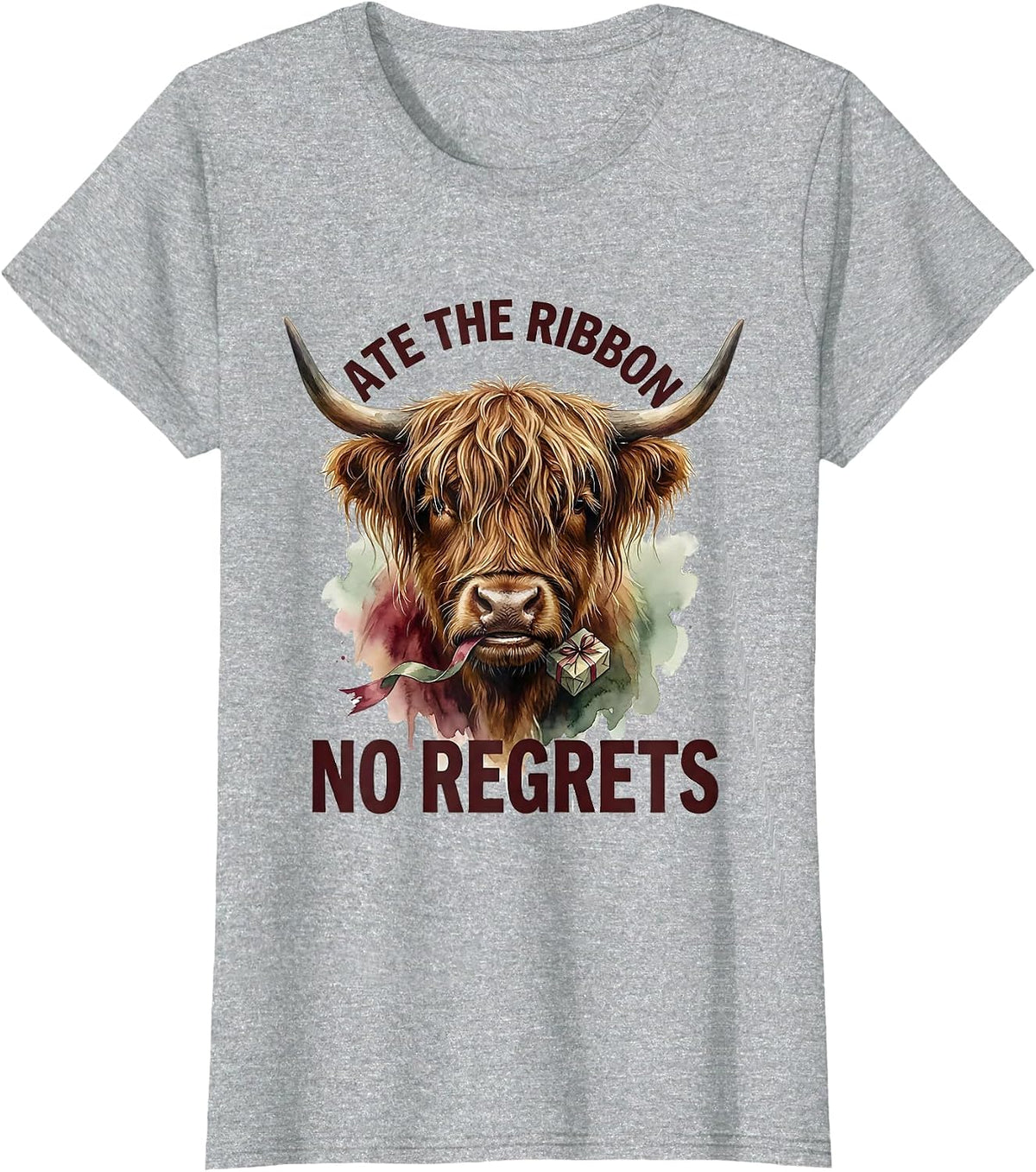 Women's Ate The Ribbon, No Regrets Watercolor Highland Cow Christmas T-Shirt - Heather Grey