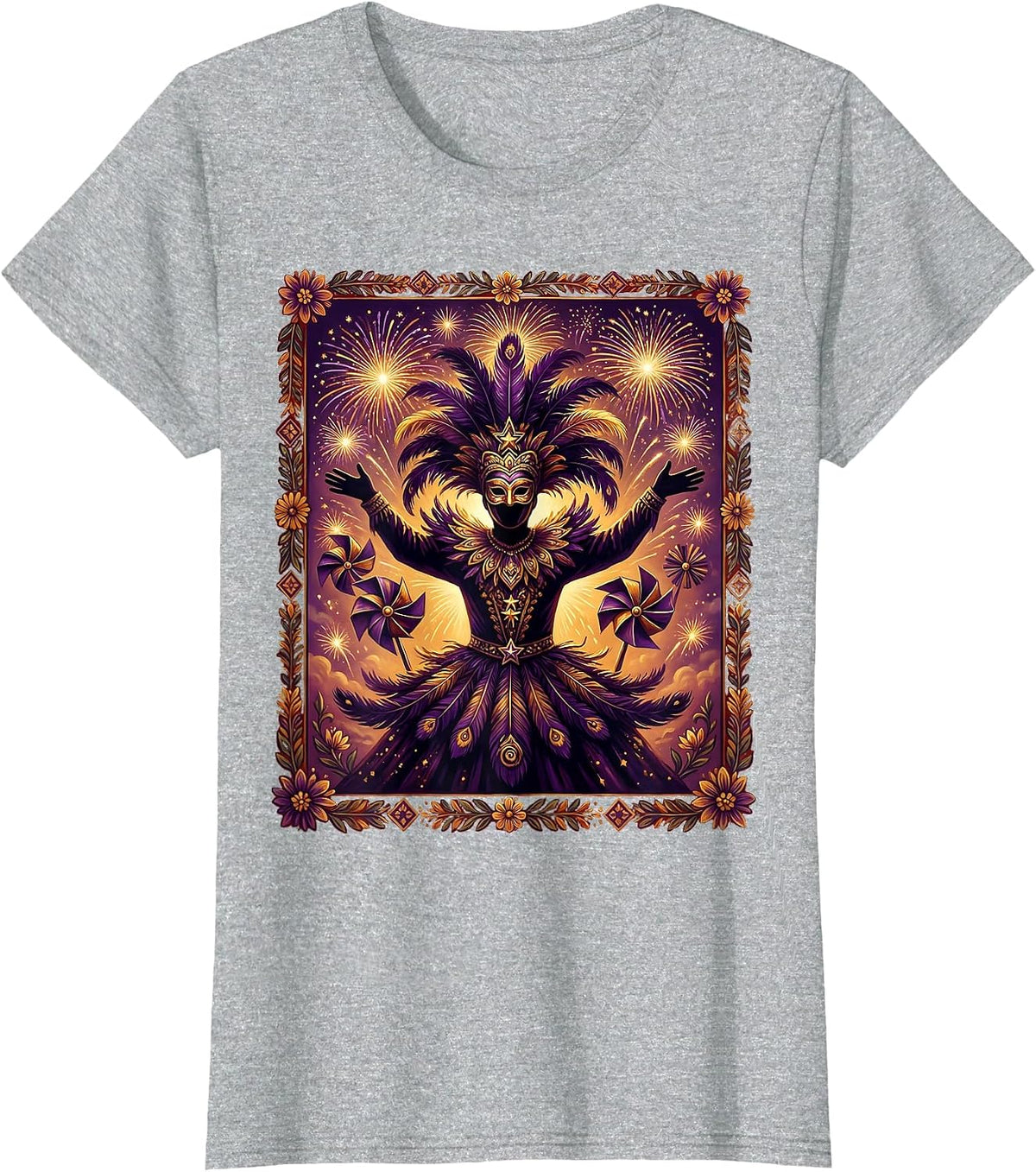 Mardi Gras Masked Reveler Fireworks Silhouette T-Shirt - Heather Grey